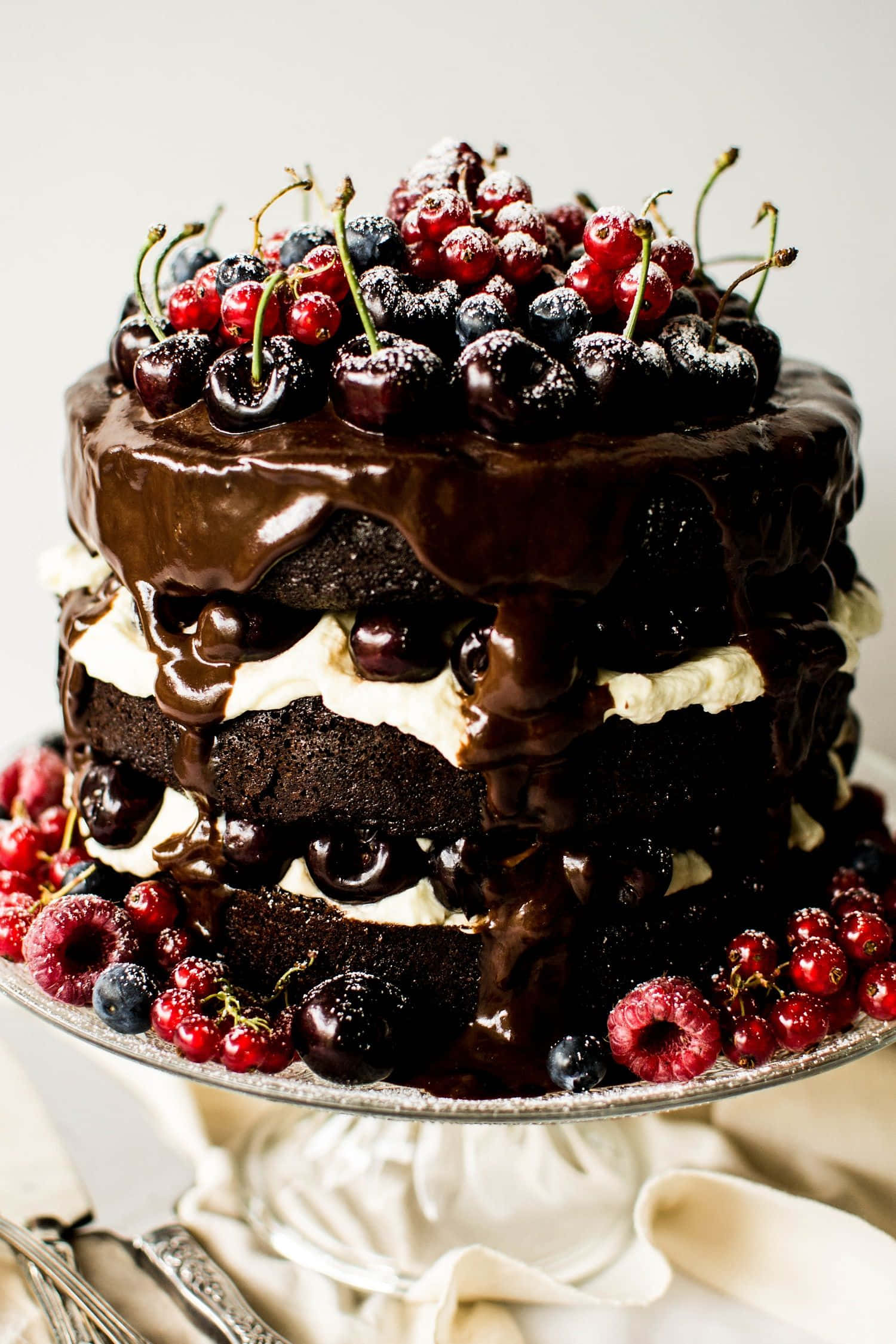 Black Forest Cake, glossy ganache drips, fresh berries, Full HD Phone Wallpaper