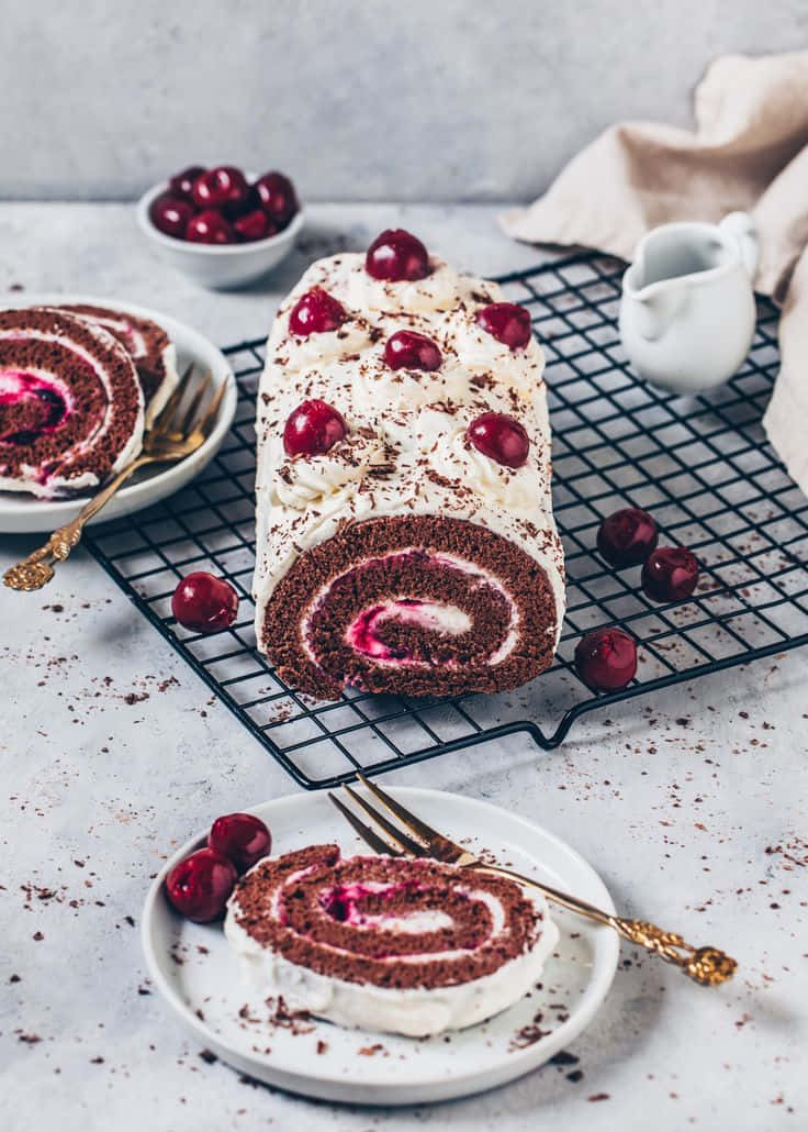 Black Forest cake, chocolate cherry roll cake, swirls of cream, SD Phone Wallpaper
