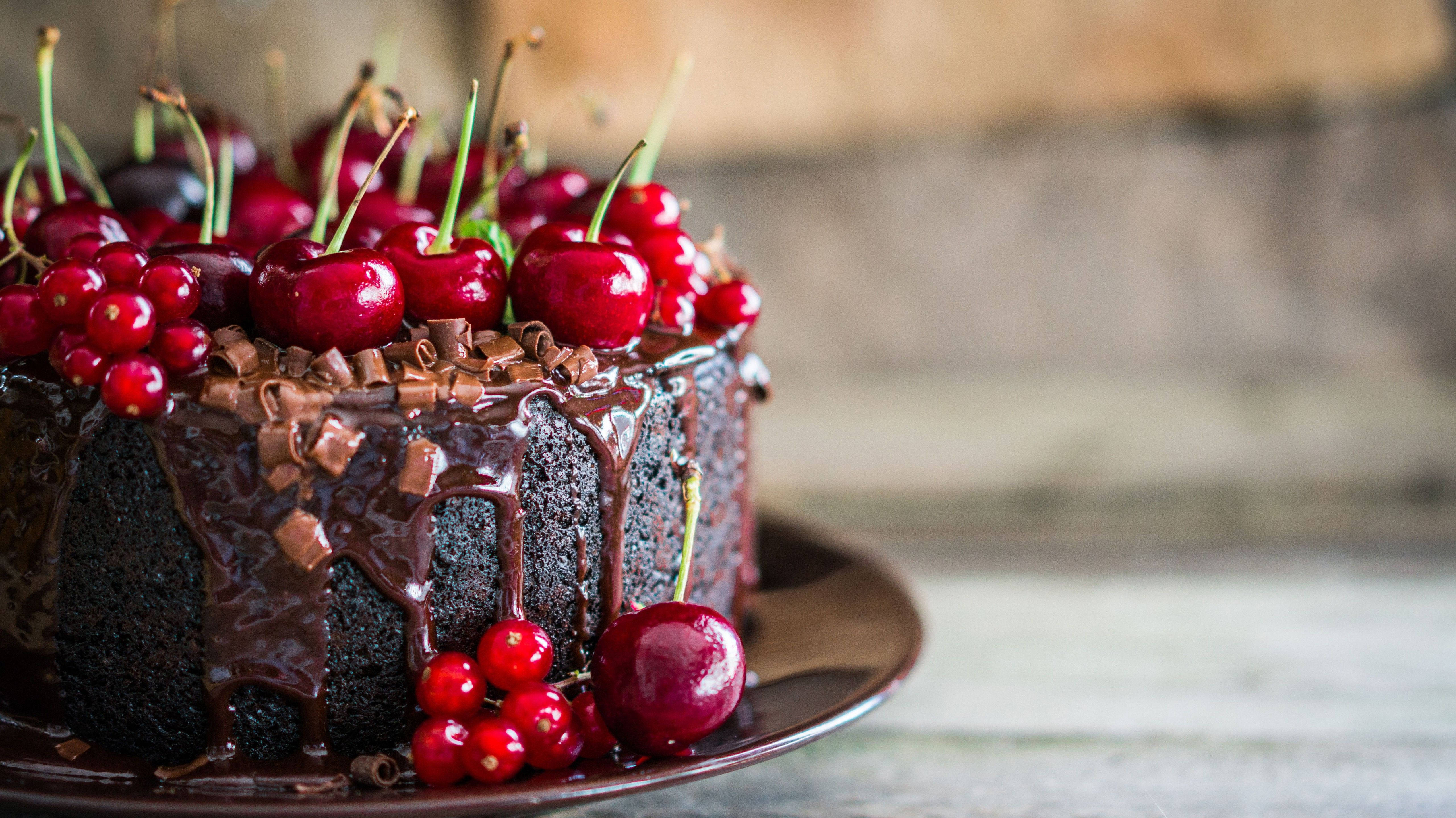 Black Forest Cake, glossy ganache, vibrant red cherries, 5K Desktop Wallpaper