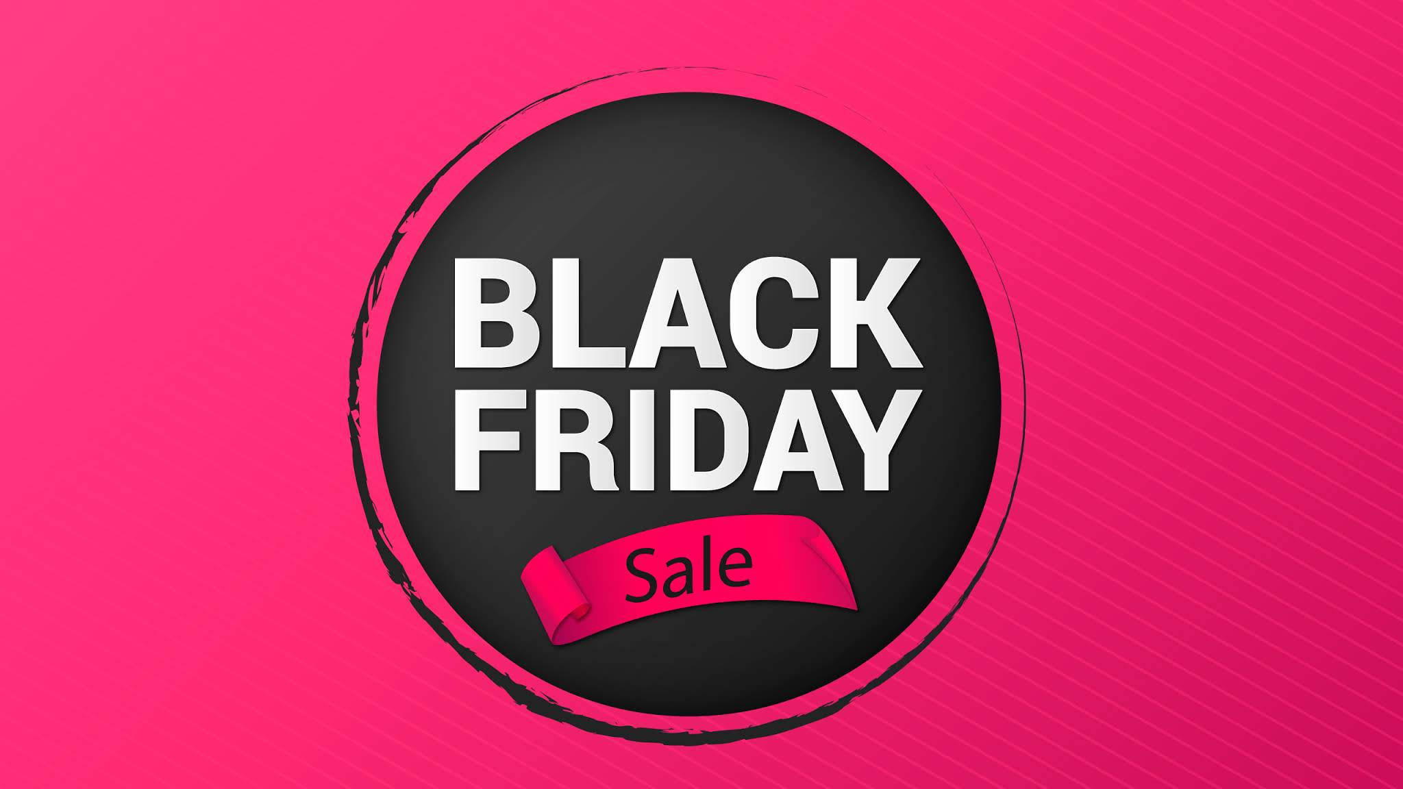 Black Friday, pink ribbon sale tag, vibrant pink diagonal striped background, Full HD Desktop Wallpaper