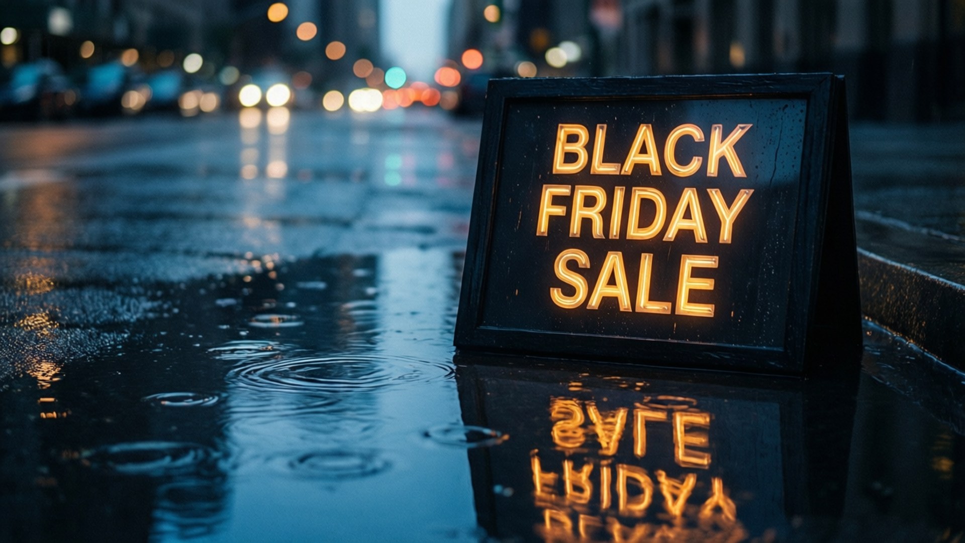 black friday sale sign, rain puddles, wet city street, Full HD Desktop Wallpaper