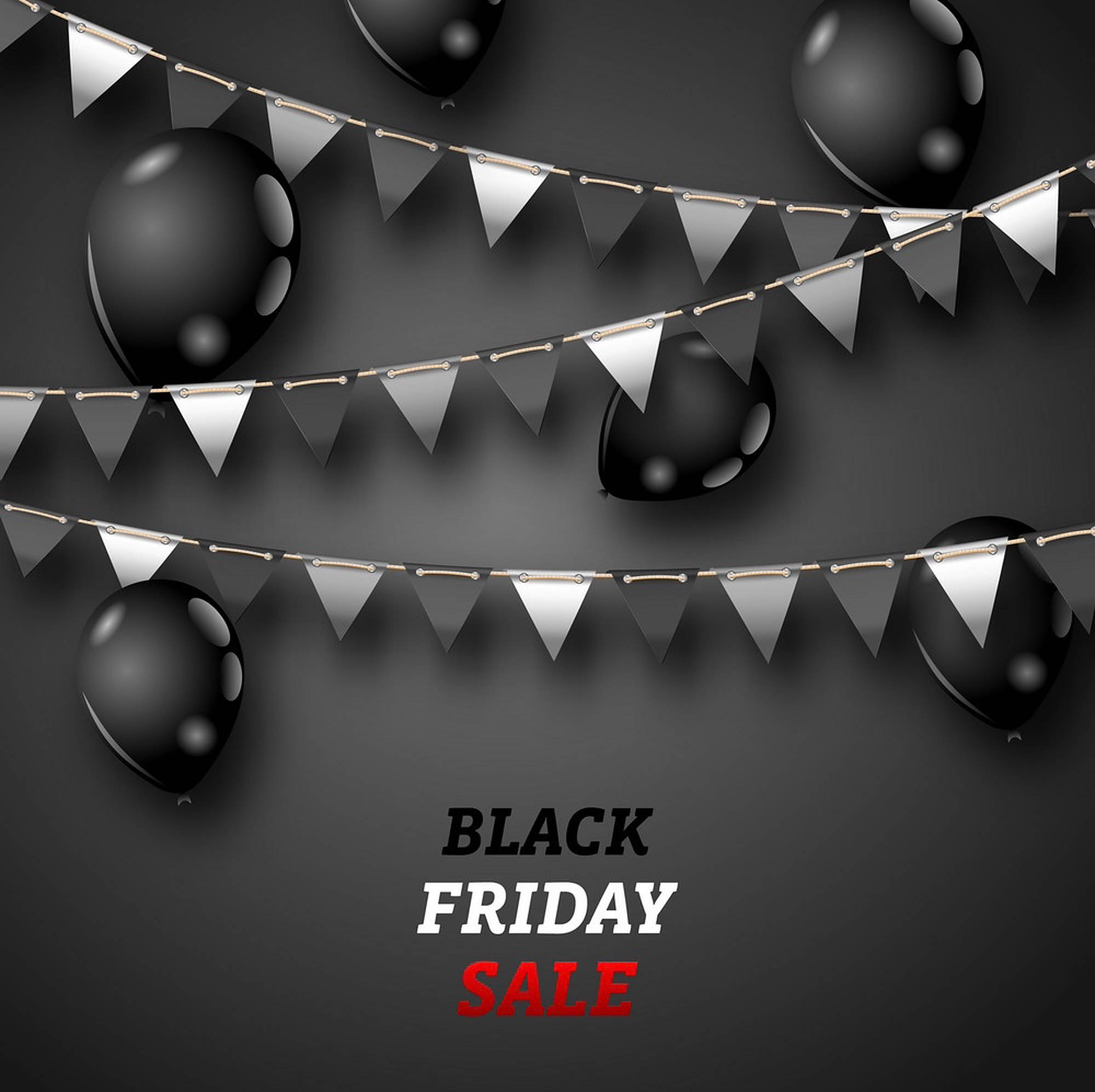 Black Friday, black balloons, silver pennant banners, Full HD Desktop Wallpaper