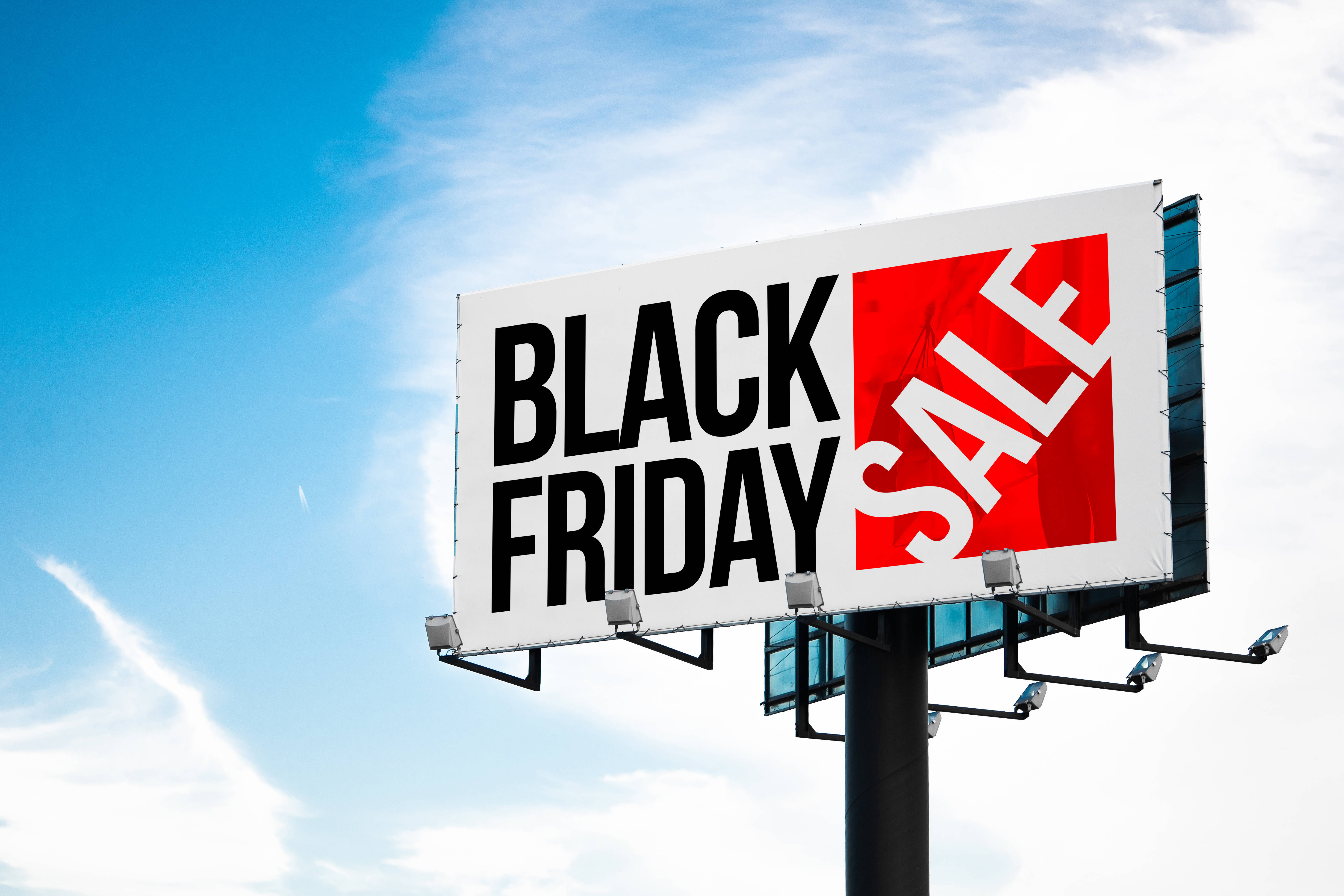 Black Friday Sale, billboard, bright blue sky, 5K Desktop Wallpaper
