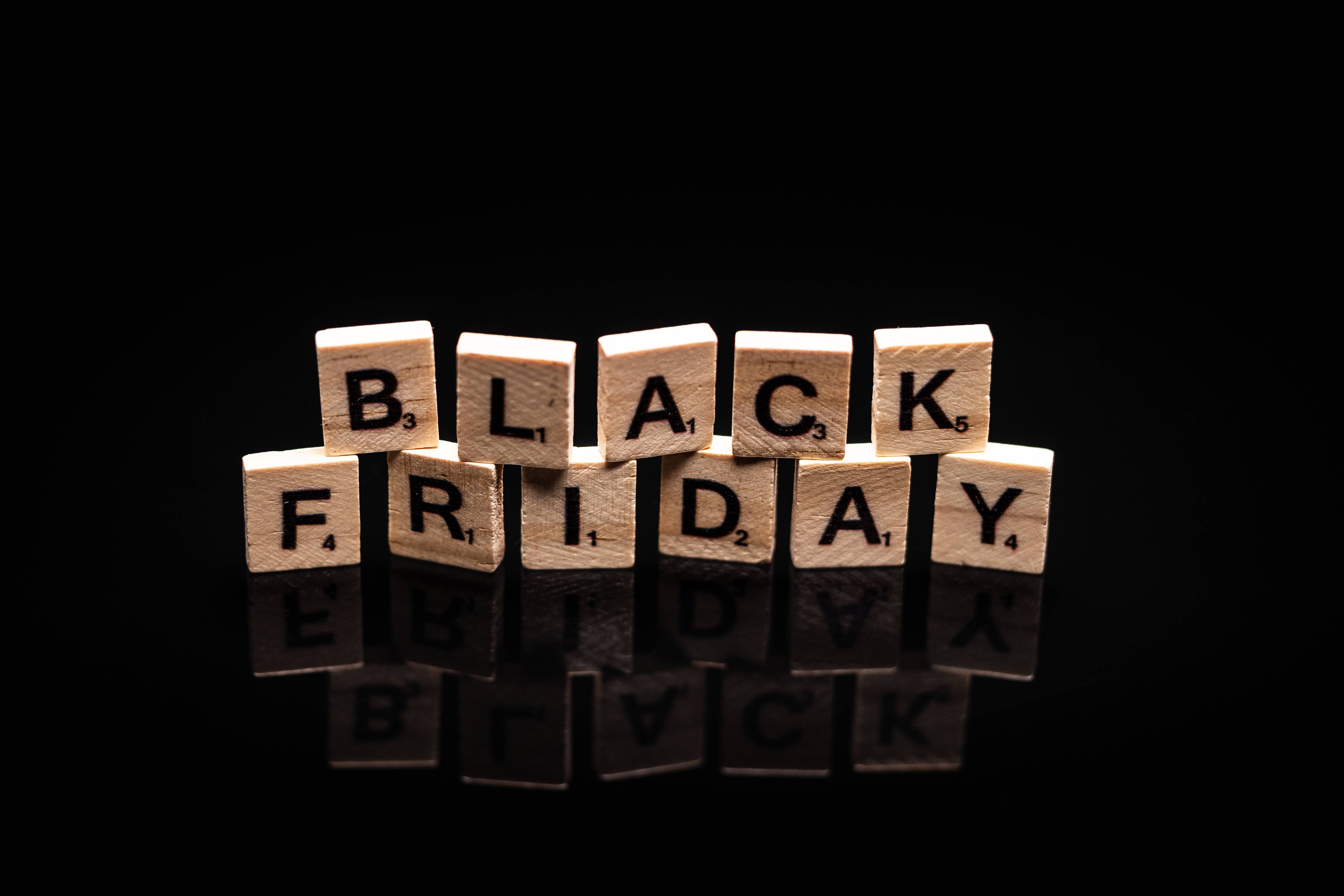 Black Friday, Scrabble tiles, wooden, 5K Desktop Wallpaper