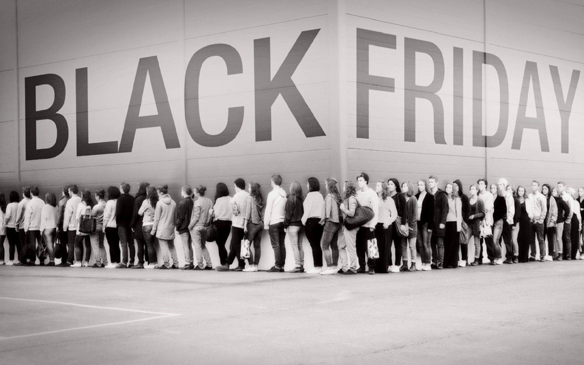 Black Friday, long line of shoppers, building, Full HD Desktop Wallpaper