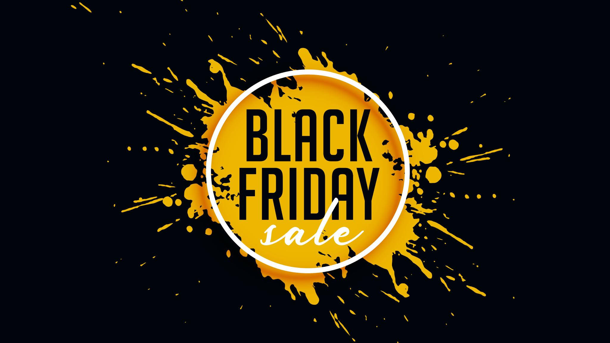Black Friday, yellow paint splatters, white circle, Full HD Desktop Wallpaper
