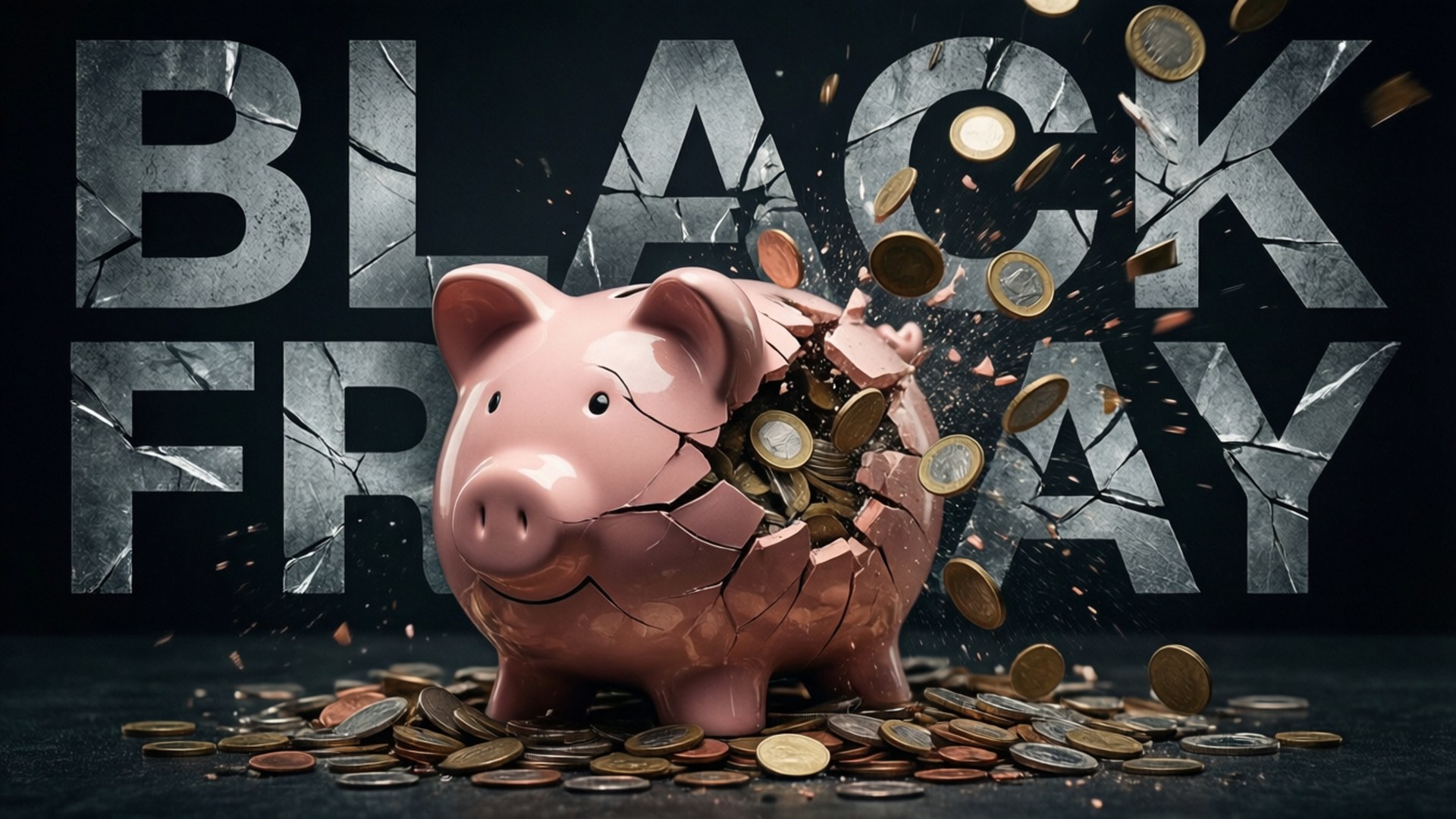 Black Friday, pink piggy bank, coins, Full HD Desktop Wallpaper