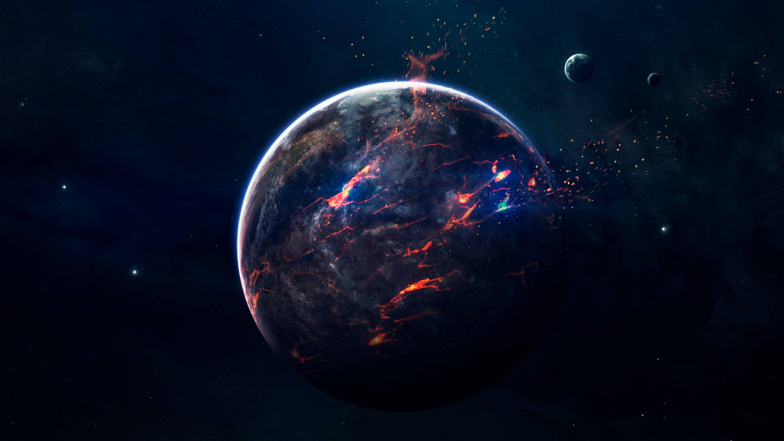 Black Galaxy, molten rock planet, glowing lava rivers, 2K Desktop Wallpaper