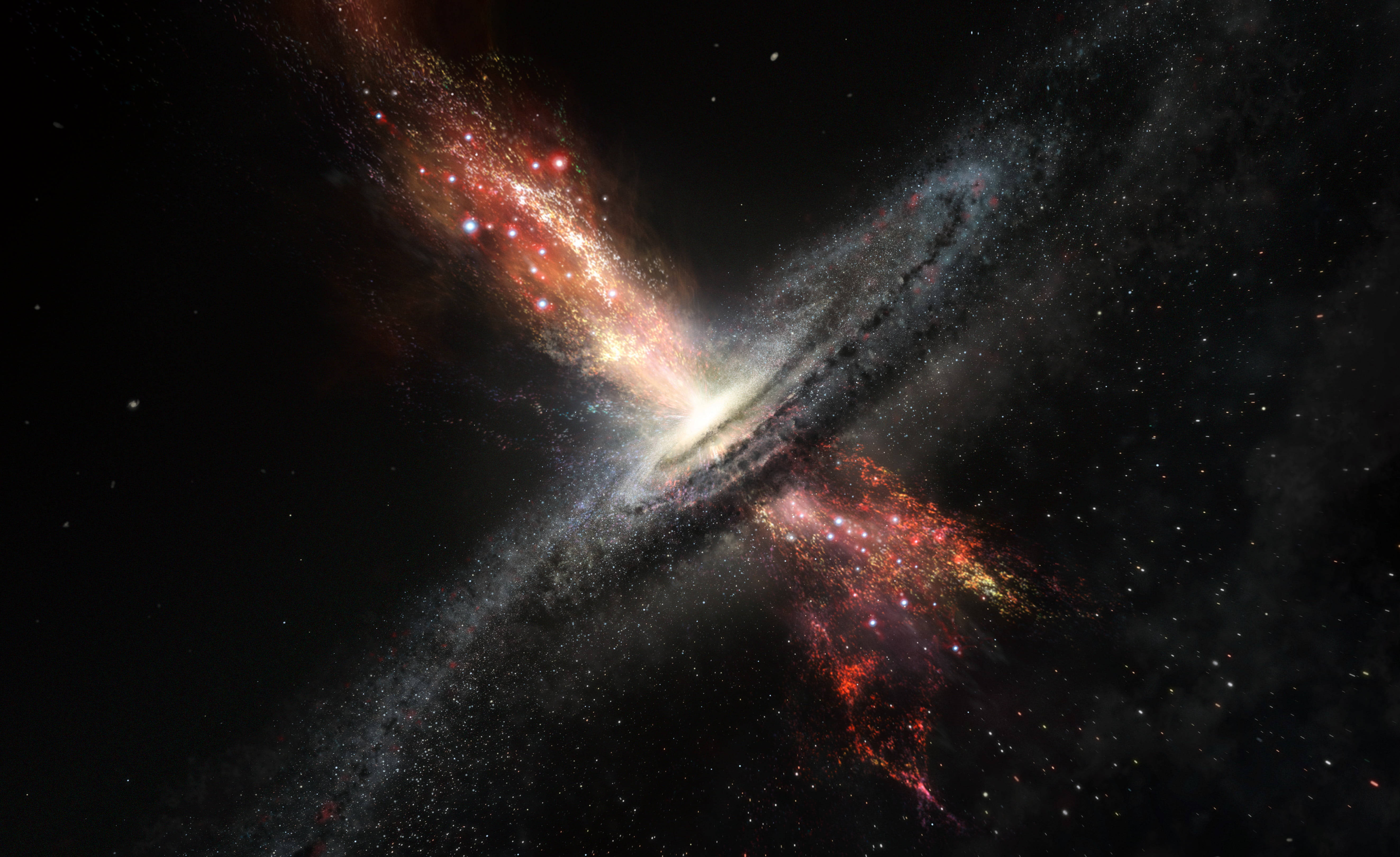 Black Galaxy, fiery reds, glowing whites, 5K Desktop Wallpaper