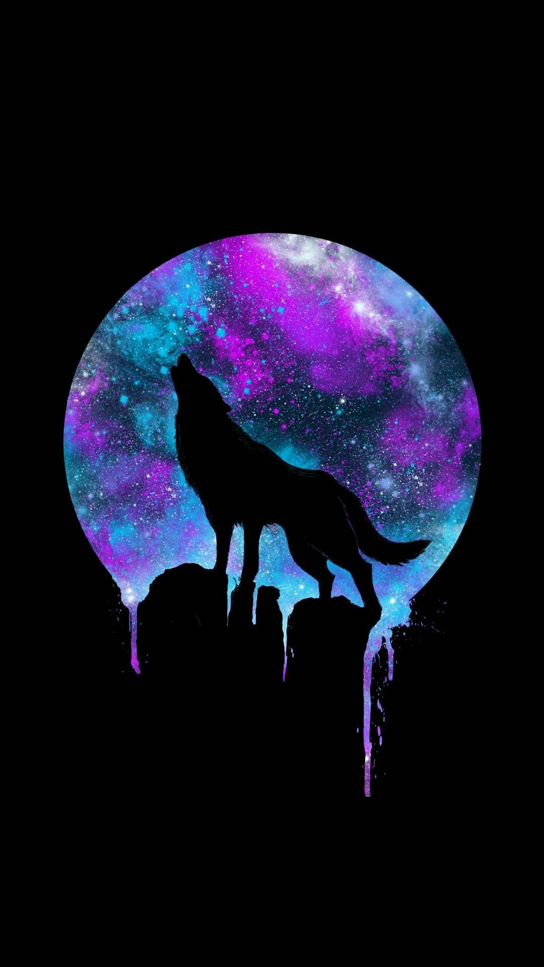 Black Galaxy, wolf silhouette, vibrant purple and blue cosmic moon, Full HD Phone Wallpaper