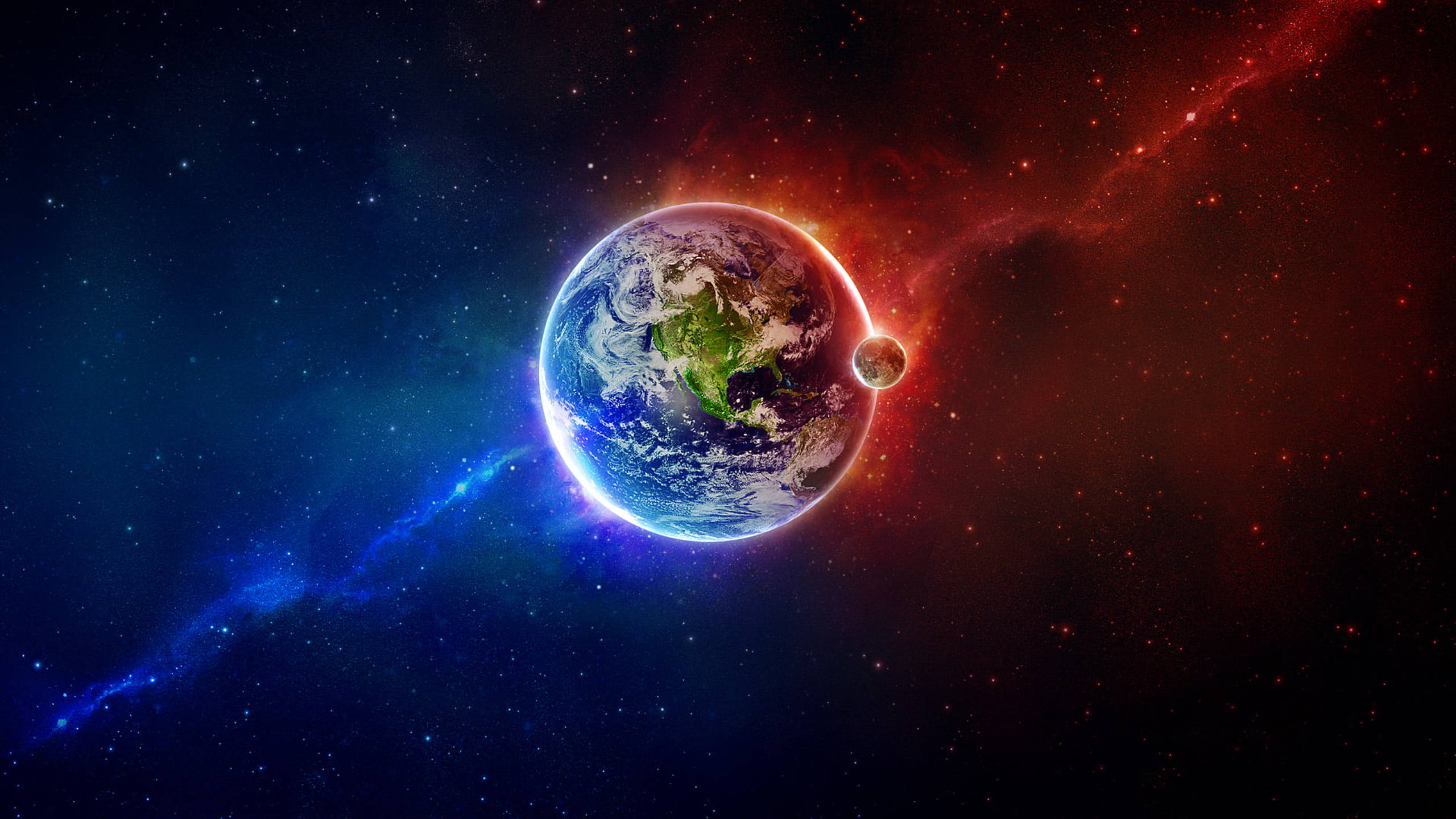 Black Galaxy, red blue earth, blue oceans, 2K Desktop Wallpaper