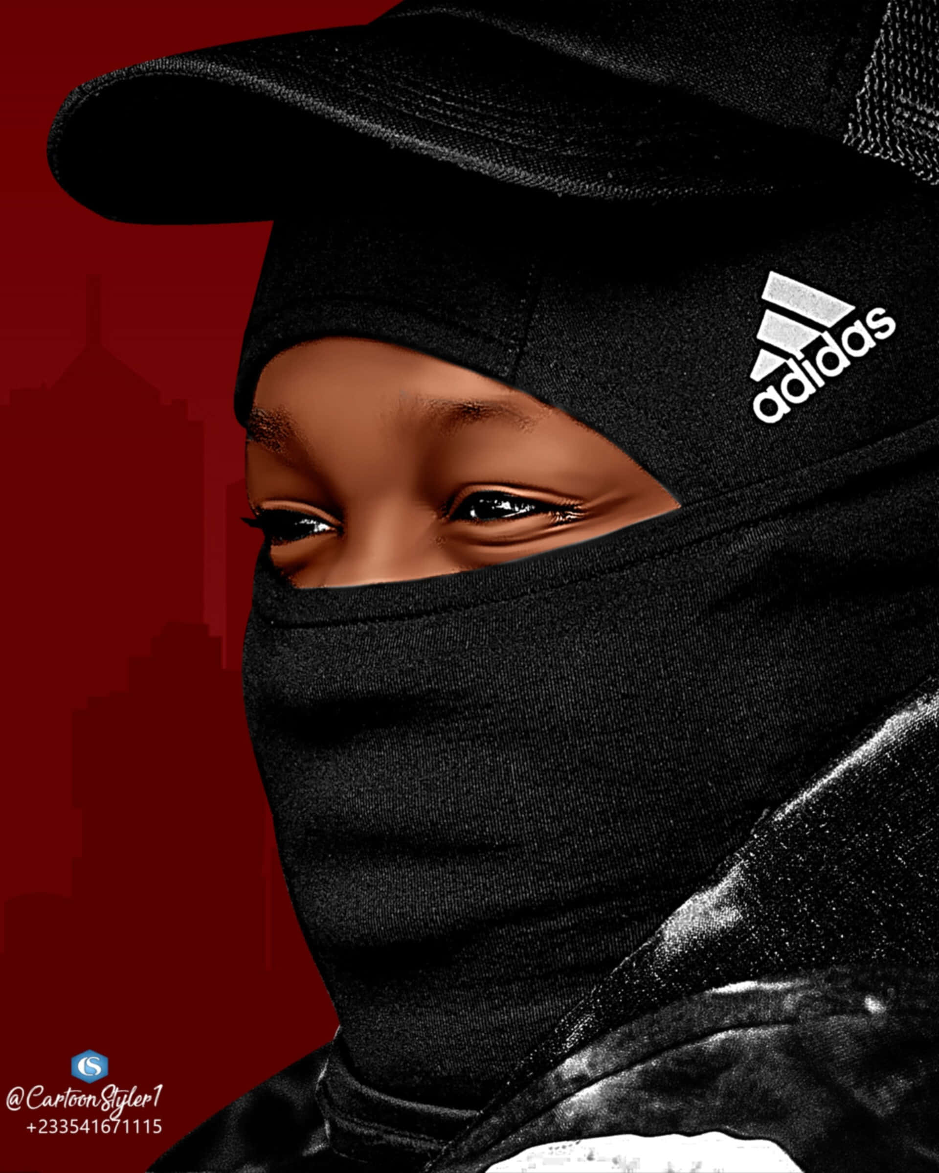 Adidas balaclava, black cap, bold red background, Full HD Phone Wallpaper