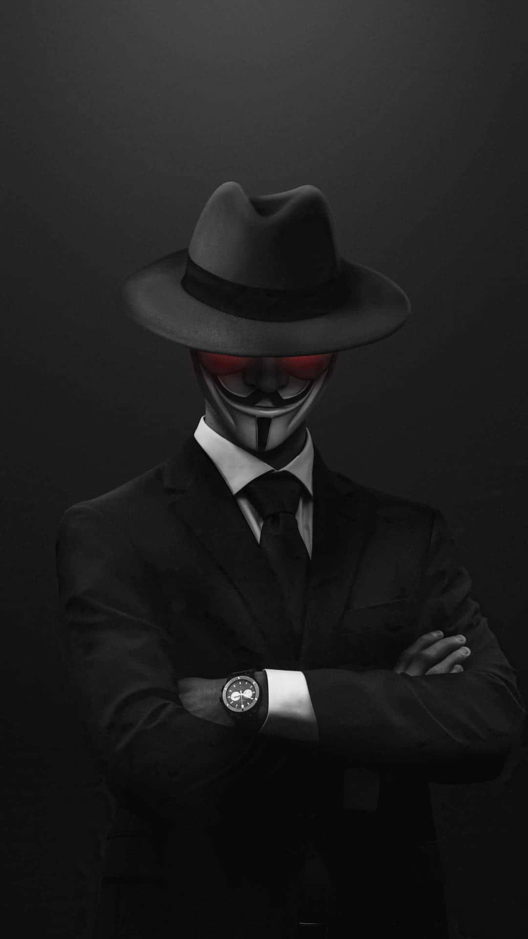 black suit, fedora, red-lensed mask, Full HD Phone Wallpaper