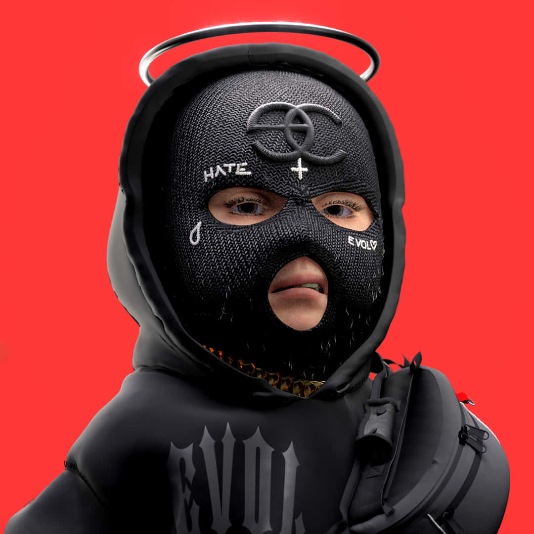 black balaclava, angel halo, graffiti-style text, SD Desktop Wallpaper