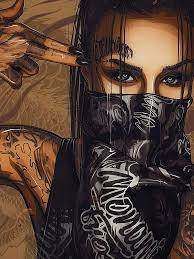 tattooed woman, black bandana, gun to her head, SD Phone Wallpaper