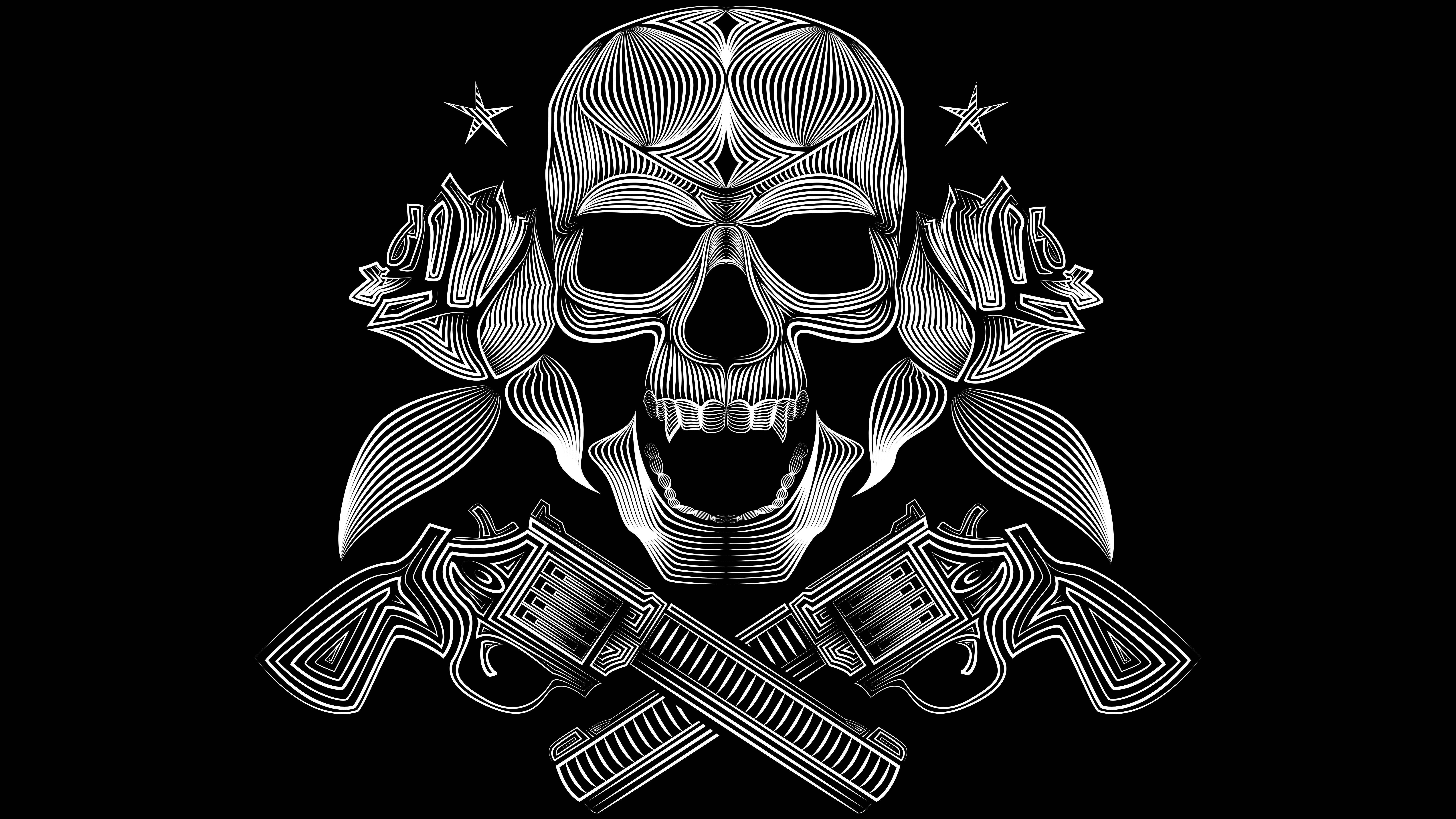 Gangster Skeleton, roses, crossed revolvers, 8K Desktop Wallpaper
