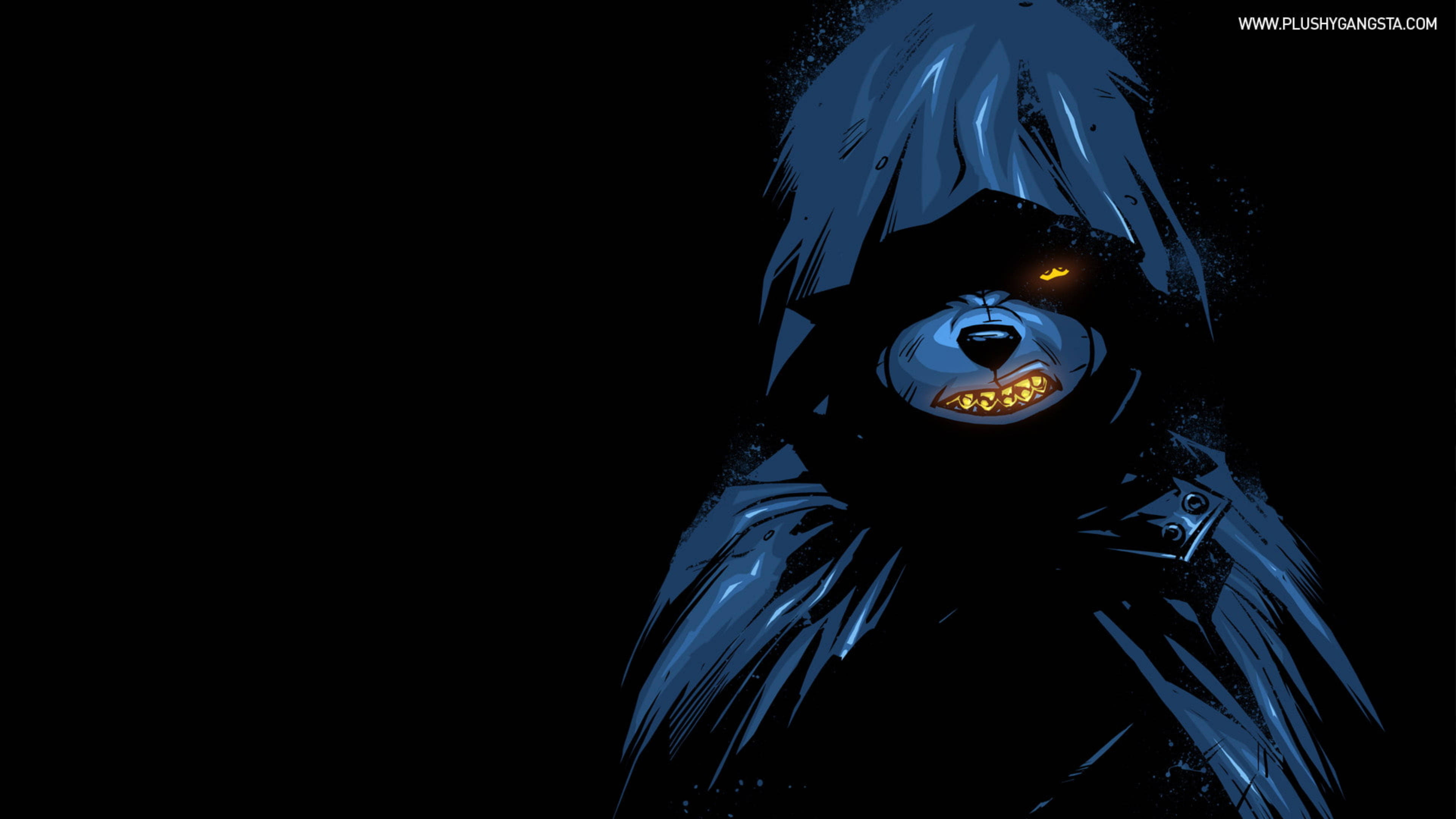 vintage gangster glory, blue hooded figure, glowing yellow eyes, 4K Desktop Wallpaper