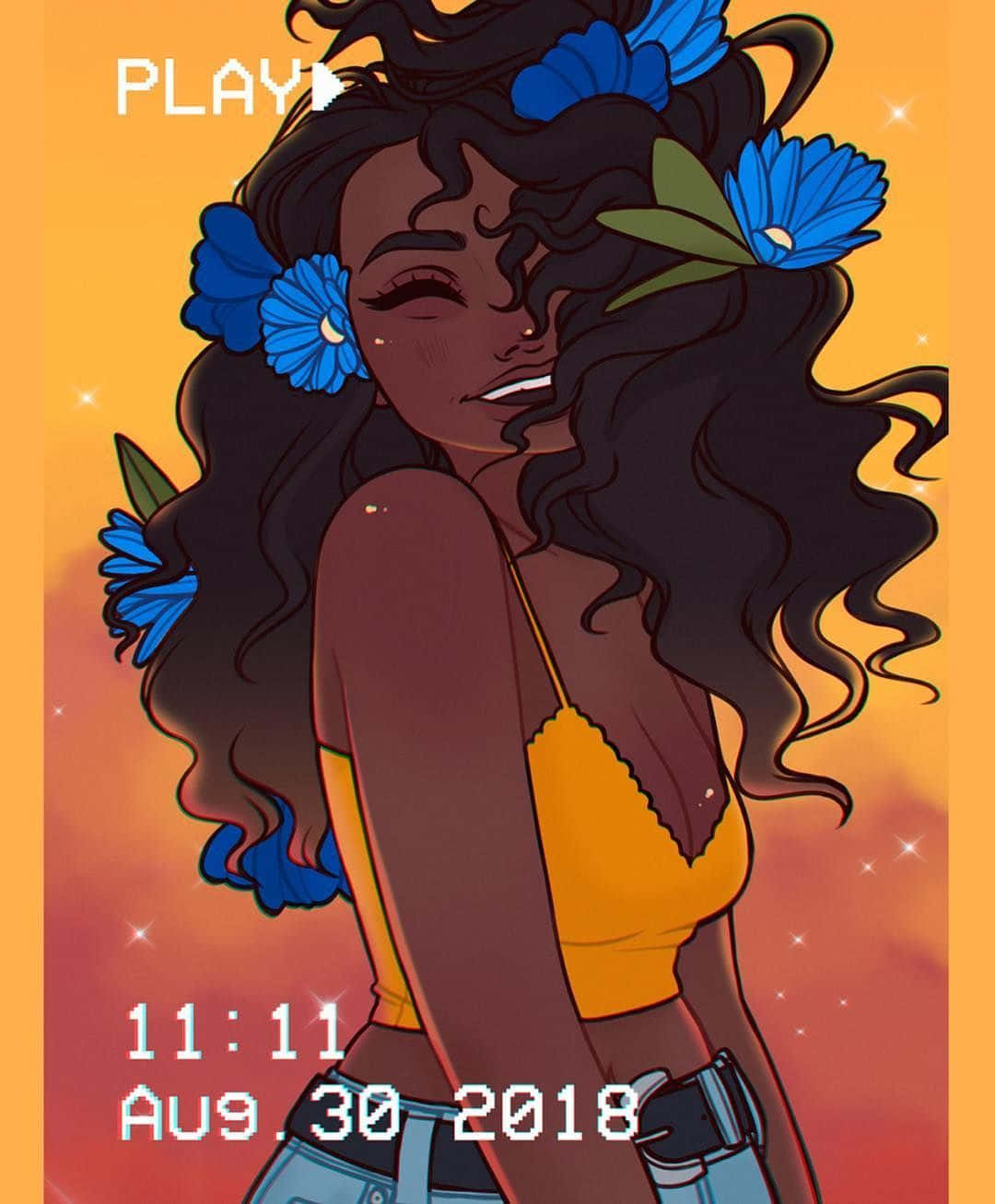 curly hair, blue flowers, warm sunset sky, HD Phone Wallpaper