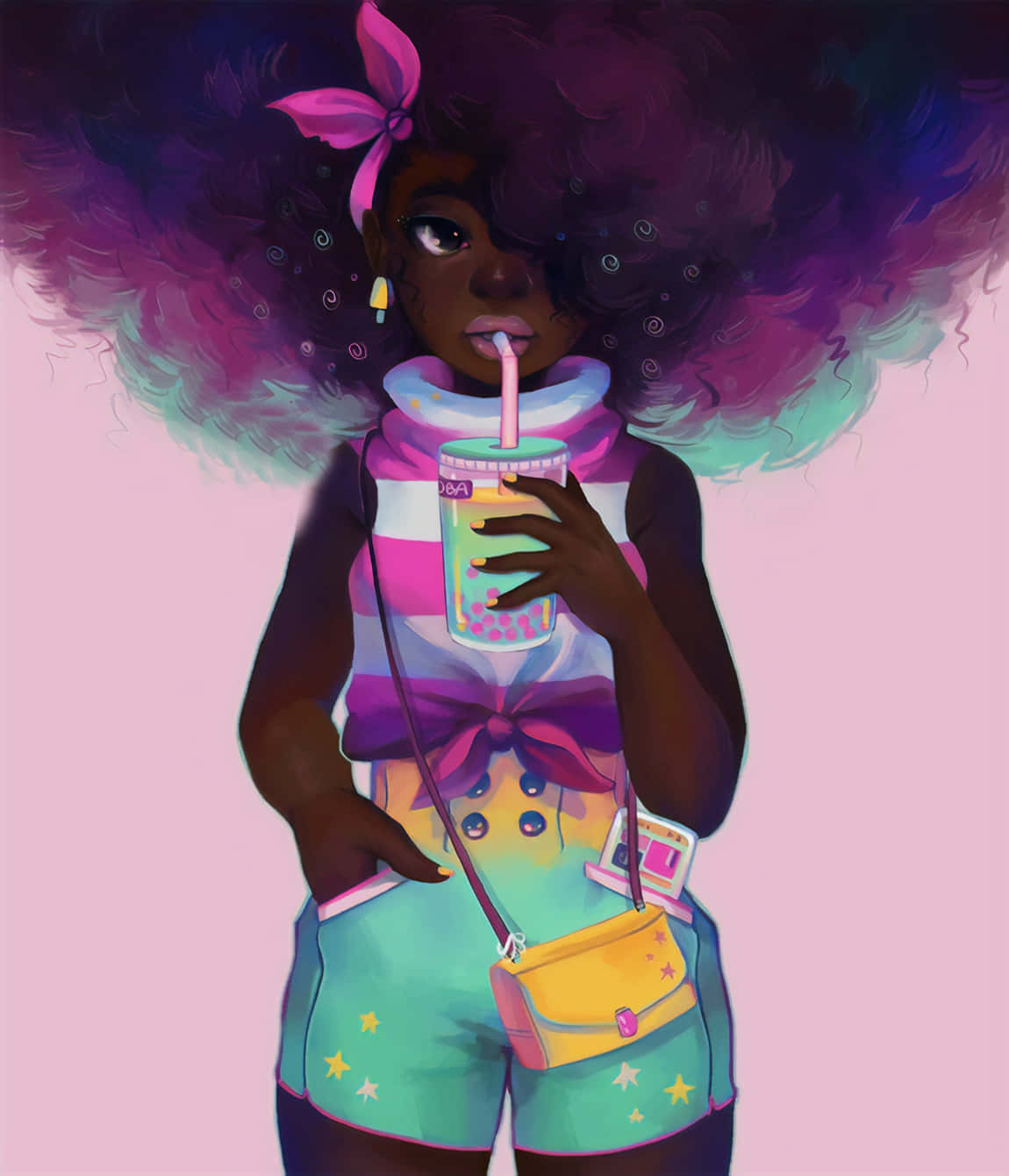 black girl aesthetic, colorful afro, bubble tea, HD Phone Wallpaper