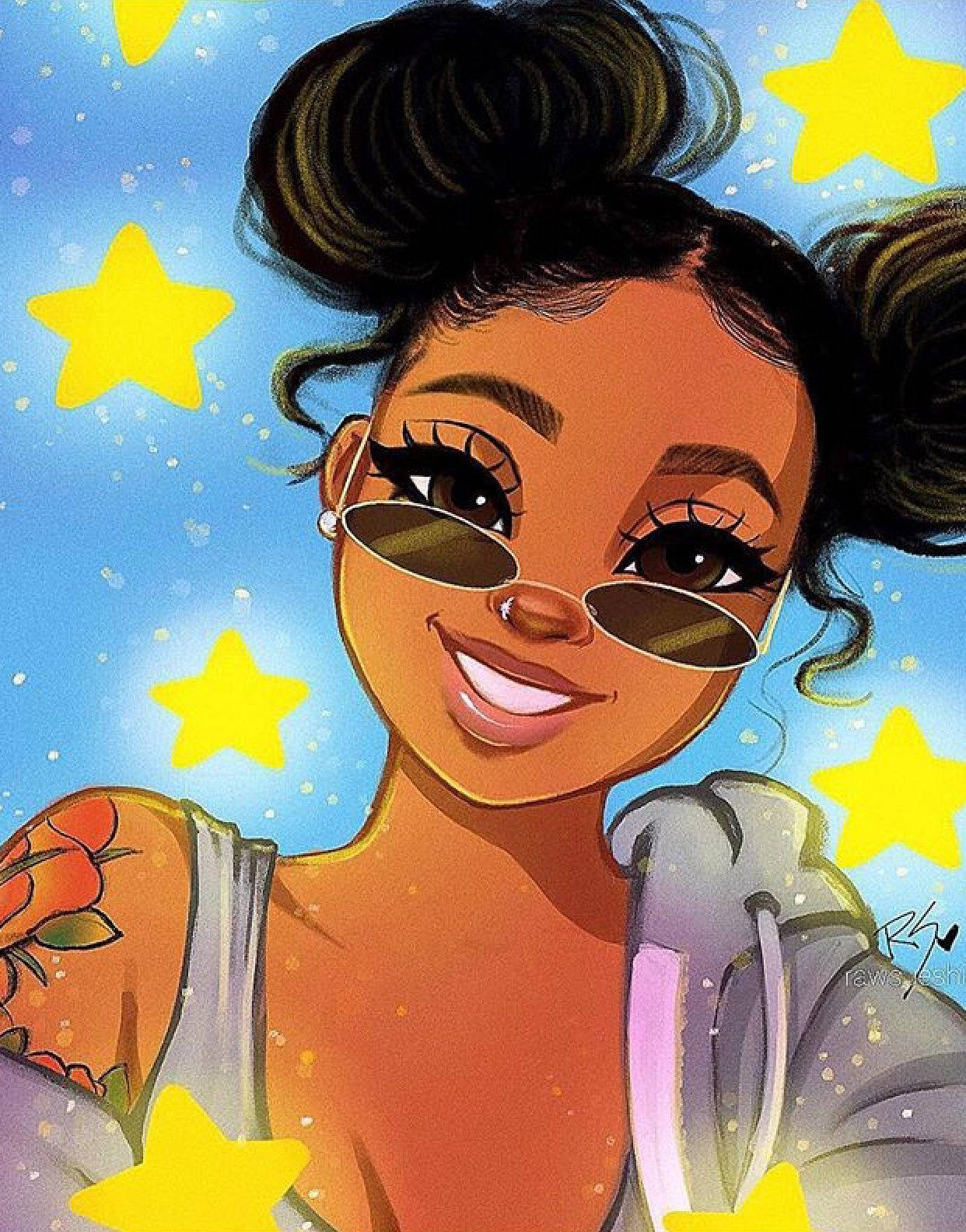Cute Cartoon Black Girl, dark hair in buns, sunglasses, HD Phone Wallpaper