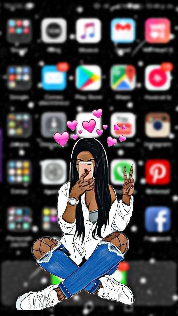 cute black girl, long black hair, smartphone screen, HD Phone Wallpaper