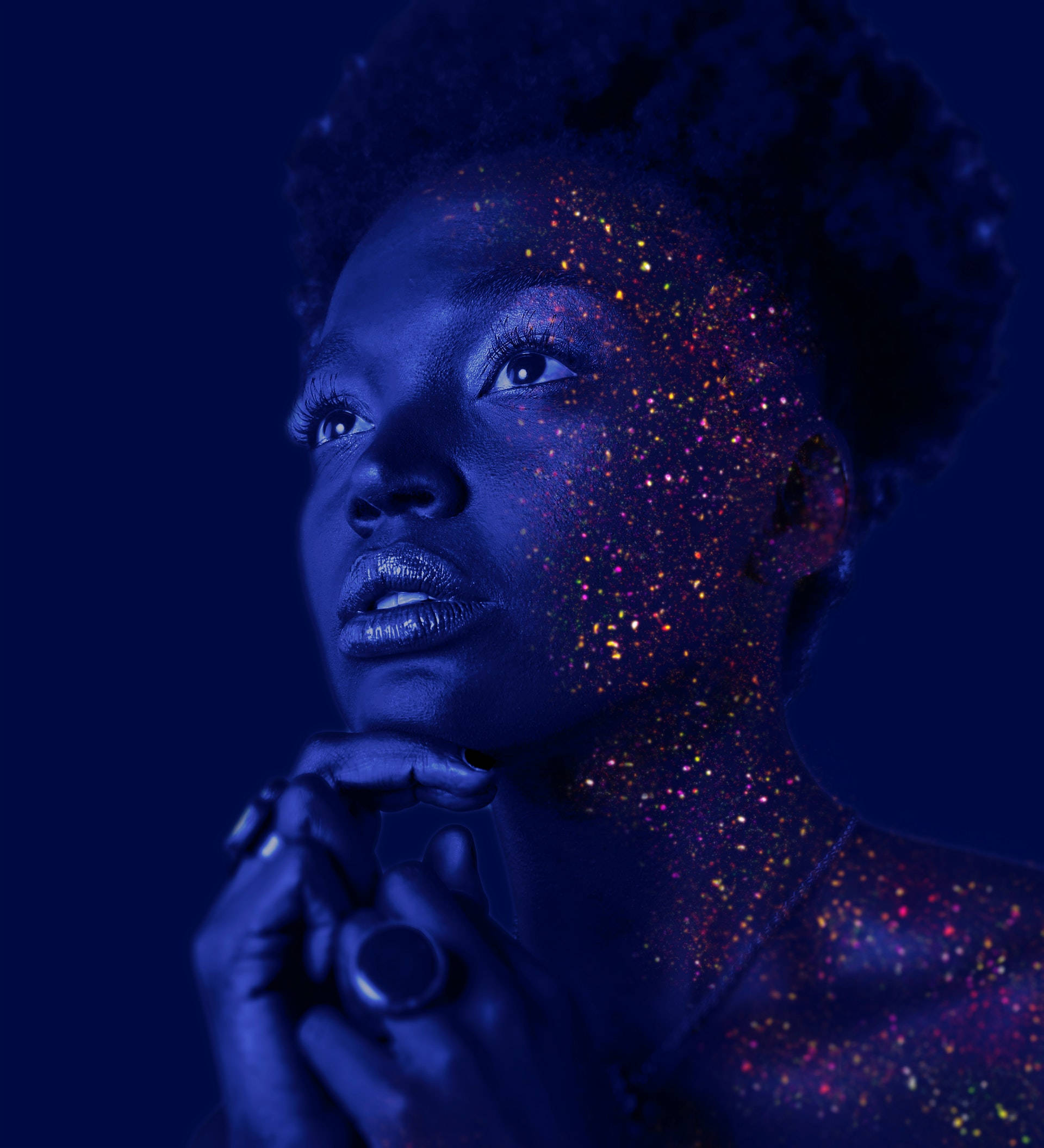 glittering rainbow particles, deep blue background, woman, Full HD Phone Wallpaper