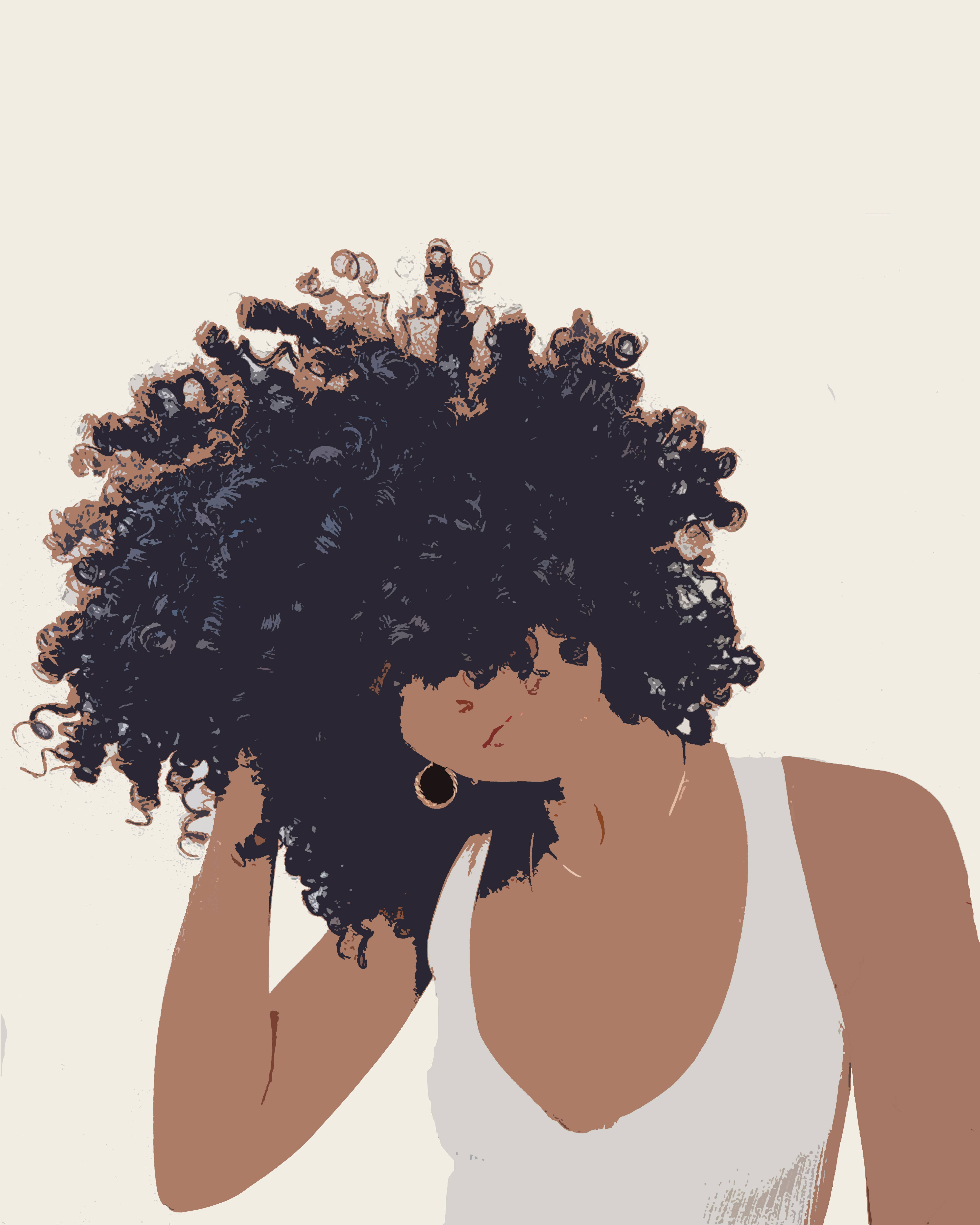 afro hairstyle, woman with dark curly hair, soft beige background, 5K Phone Wallpaper