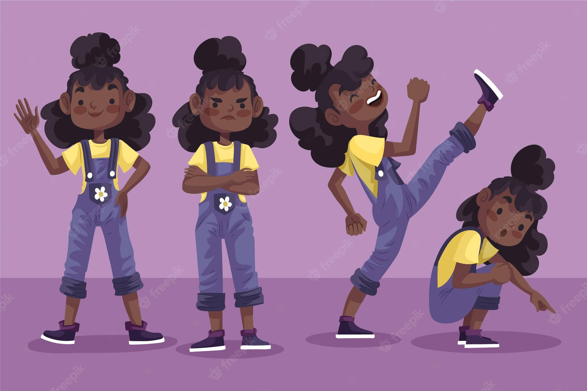 Black Girl Cartoon, yellow shirt, blue overalls, Full HD Desktop Wallpaper