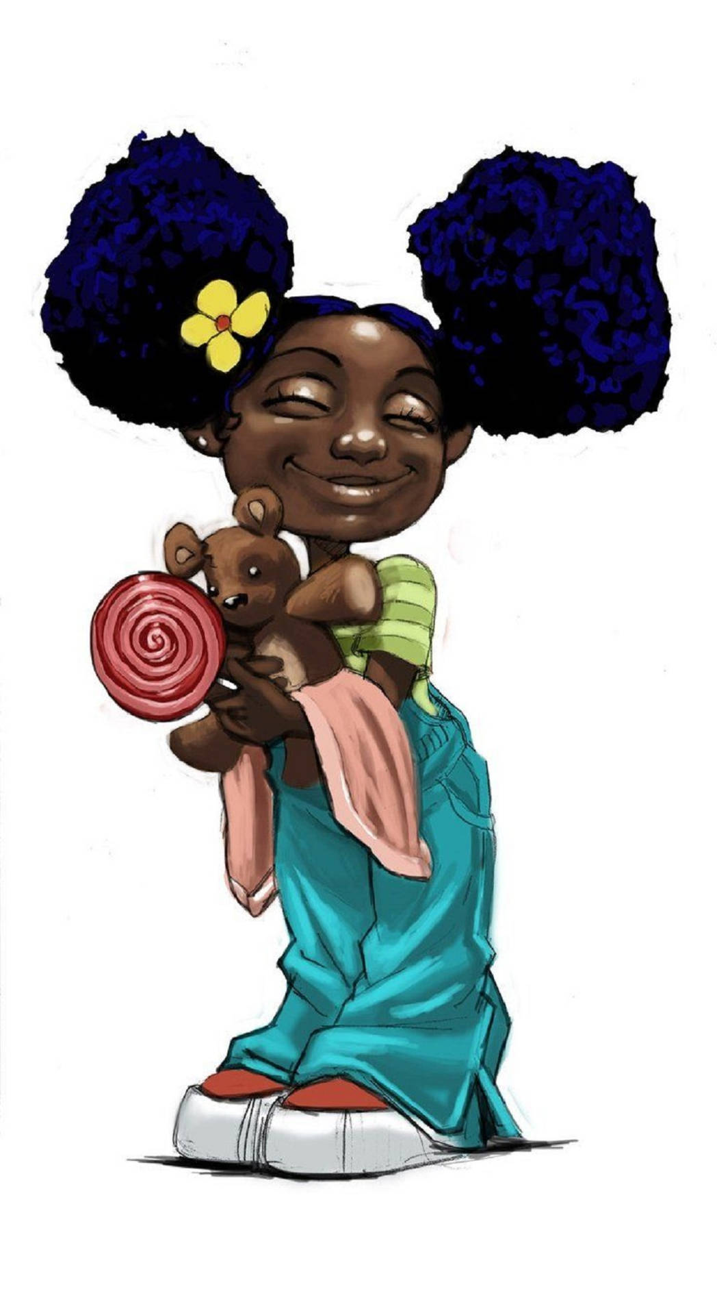 cartoon girl, big blue puffs, yellow flower, Full HD Phone Wallpaper