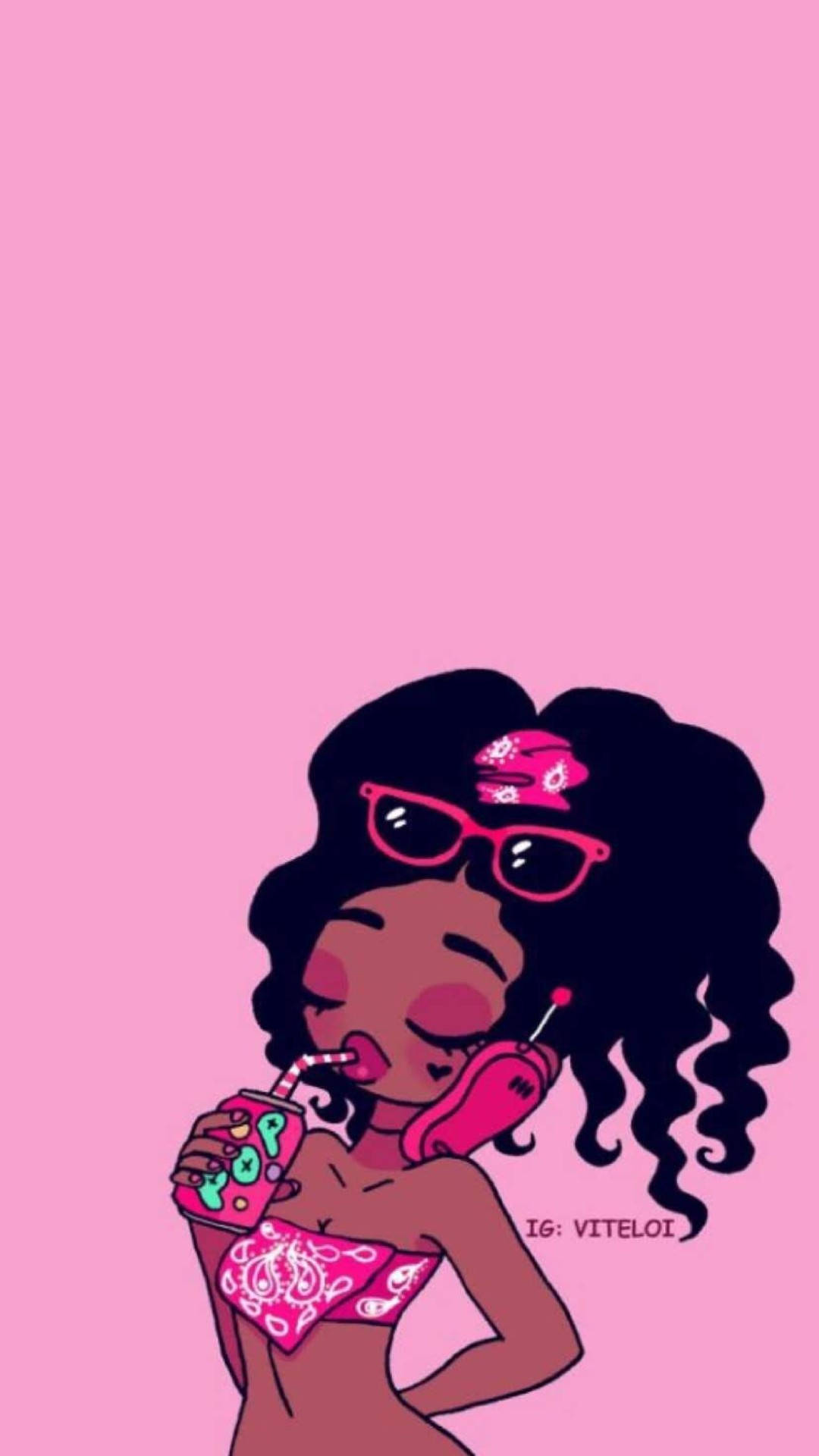 Black Girl Cartoon, curly hair, pink sunglasses, Full HD Phone Wallpaper