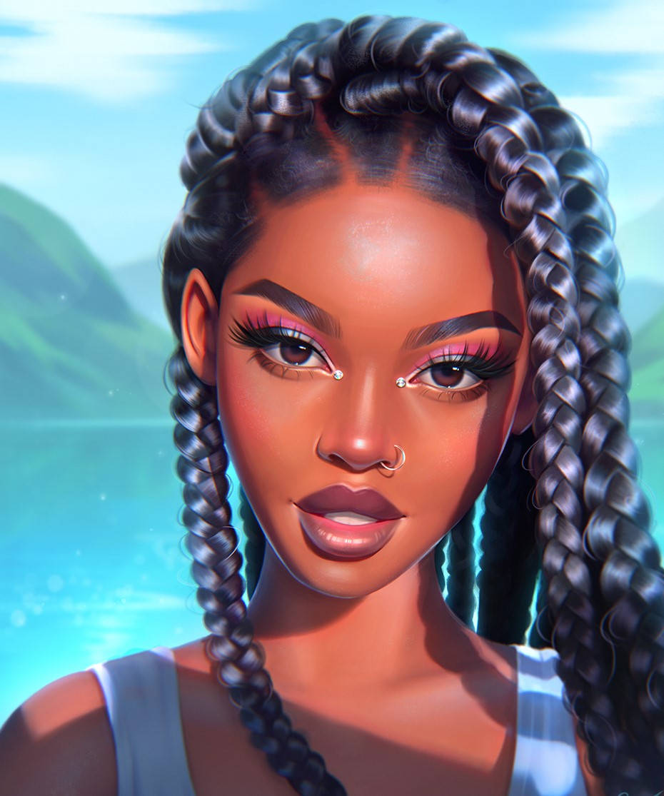 black girl cartoon, braids, lake, SD Phone Wallpaper