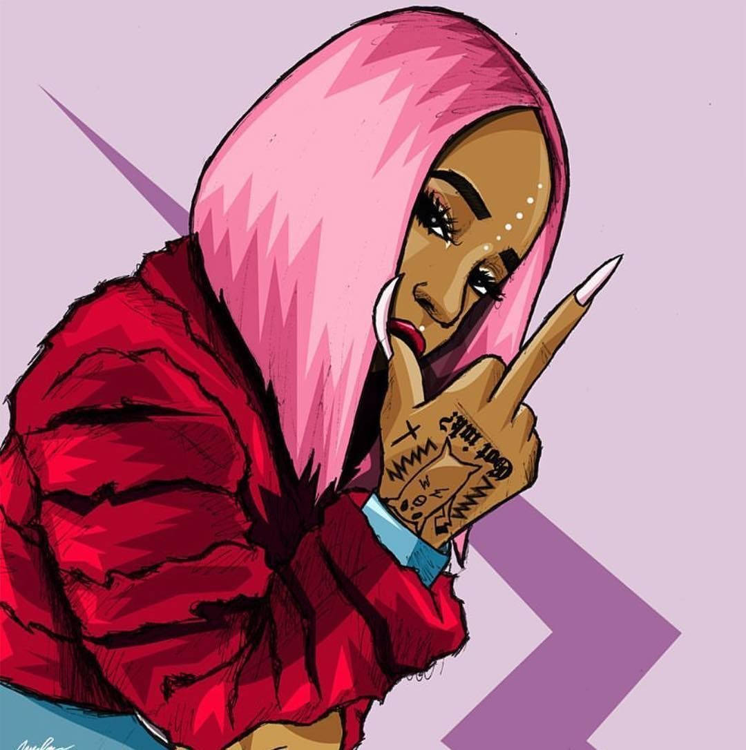 Black girl cartoon, pink hair, red jacket, SD Phone Wallpaper