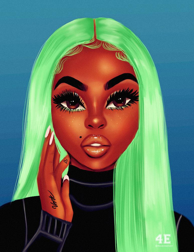 black girl cartoon, vibrant green hair, bold makeup, SD Phone Wallpaper