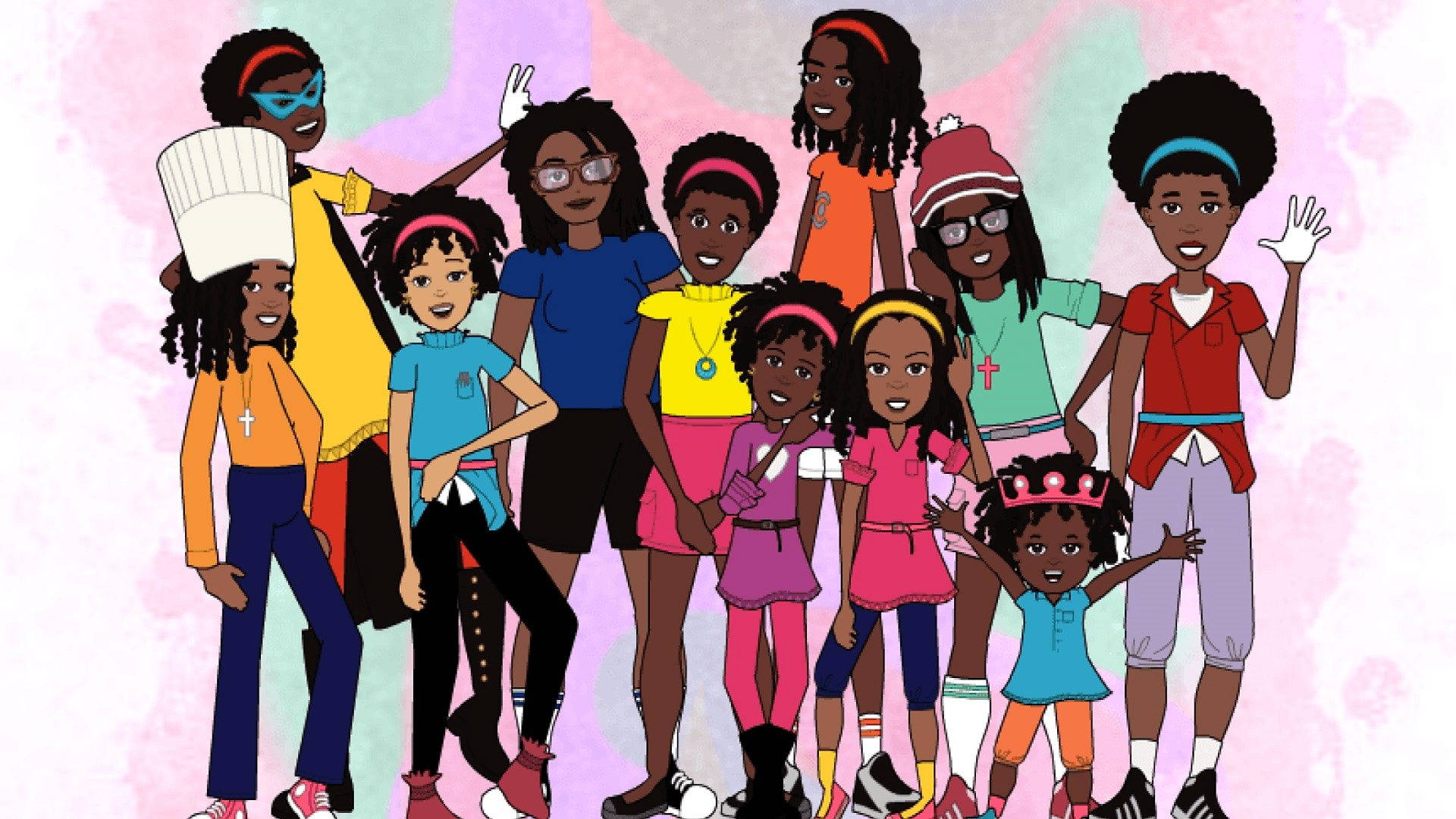 black girl cartoon, cartoon illustration, group of black children, Full HD Desktop Wallpaper