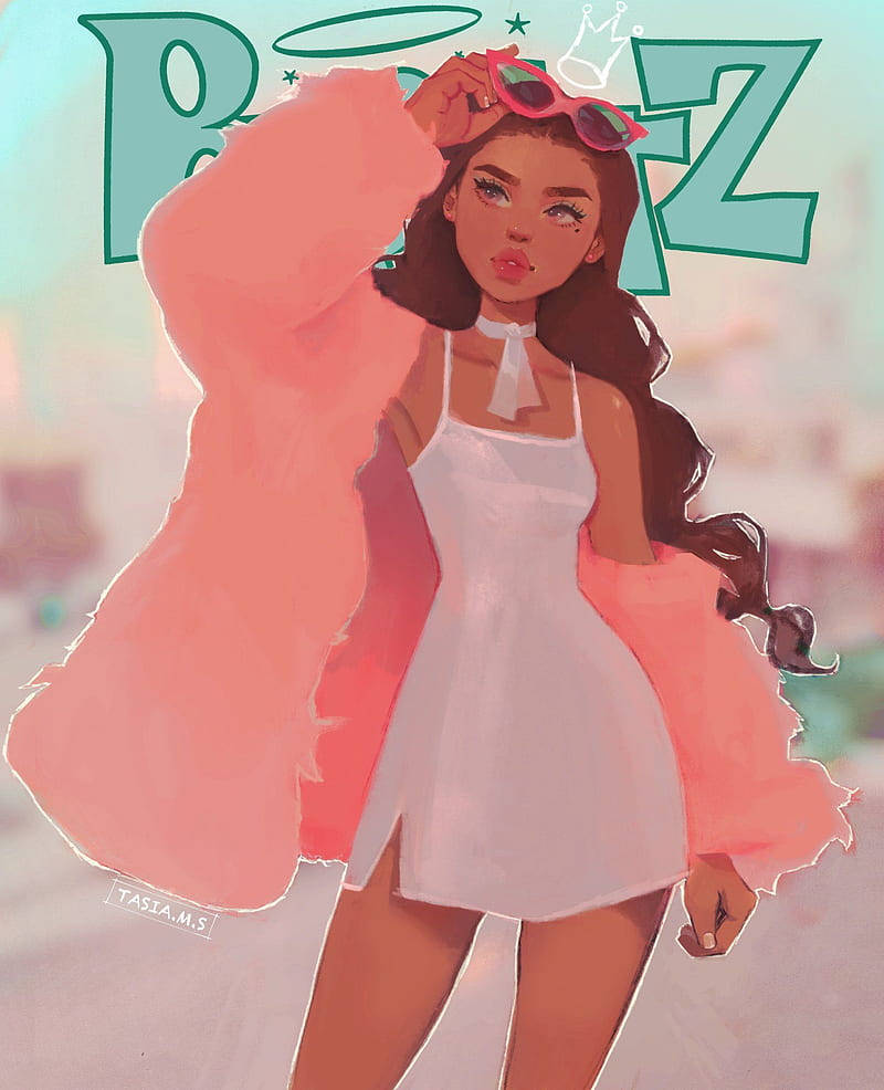 Black Girl Cartoon, white dress, pink coat, SD Phone Wallpaper
