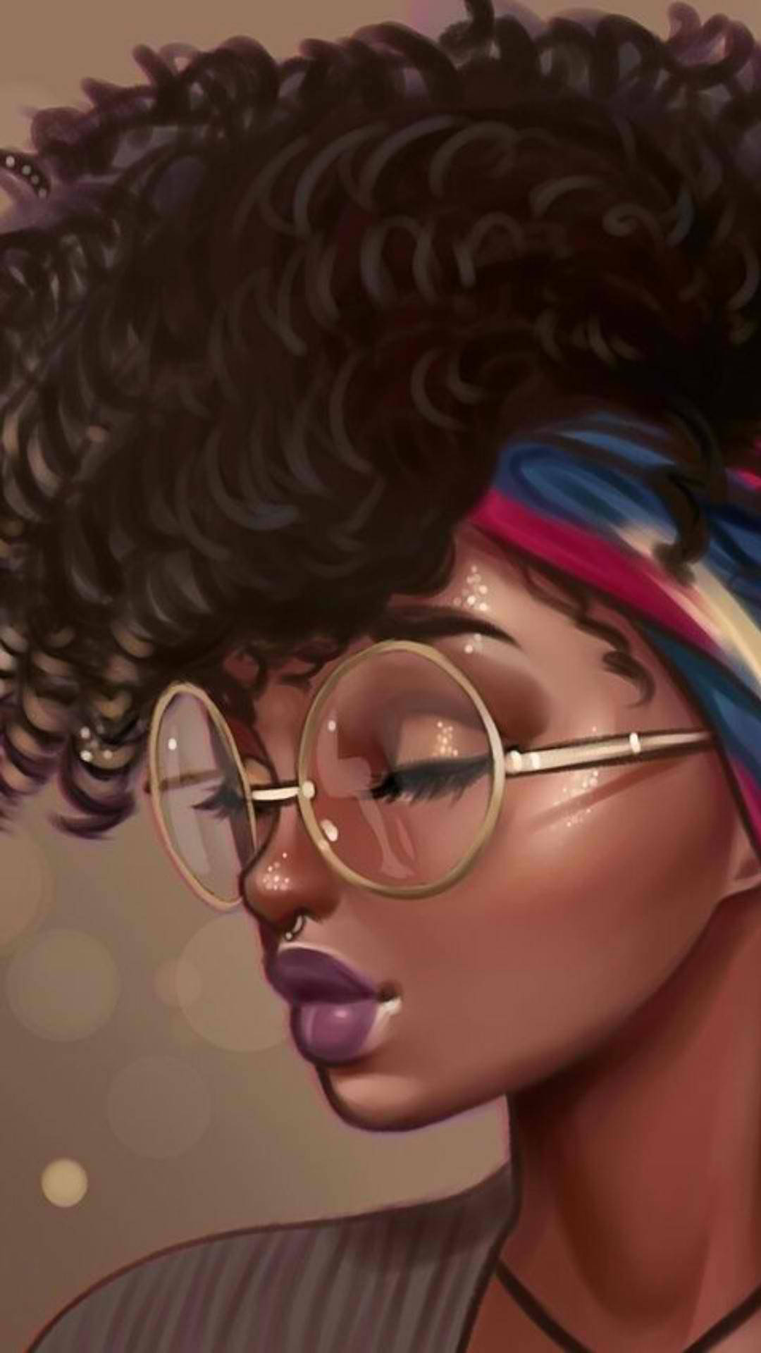 Black Girl Cartoon, curly hair, round glasses, Full HD Phone Wallpaper