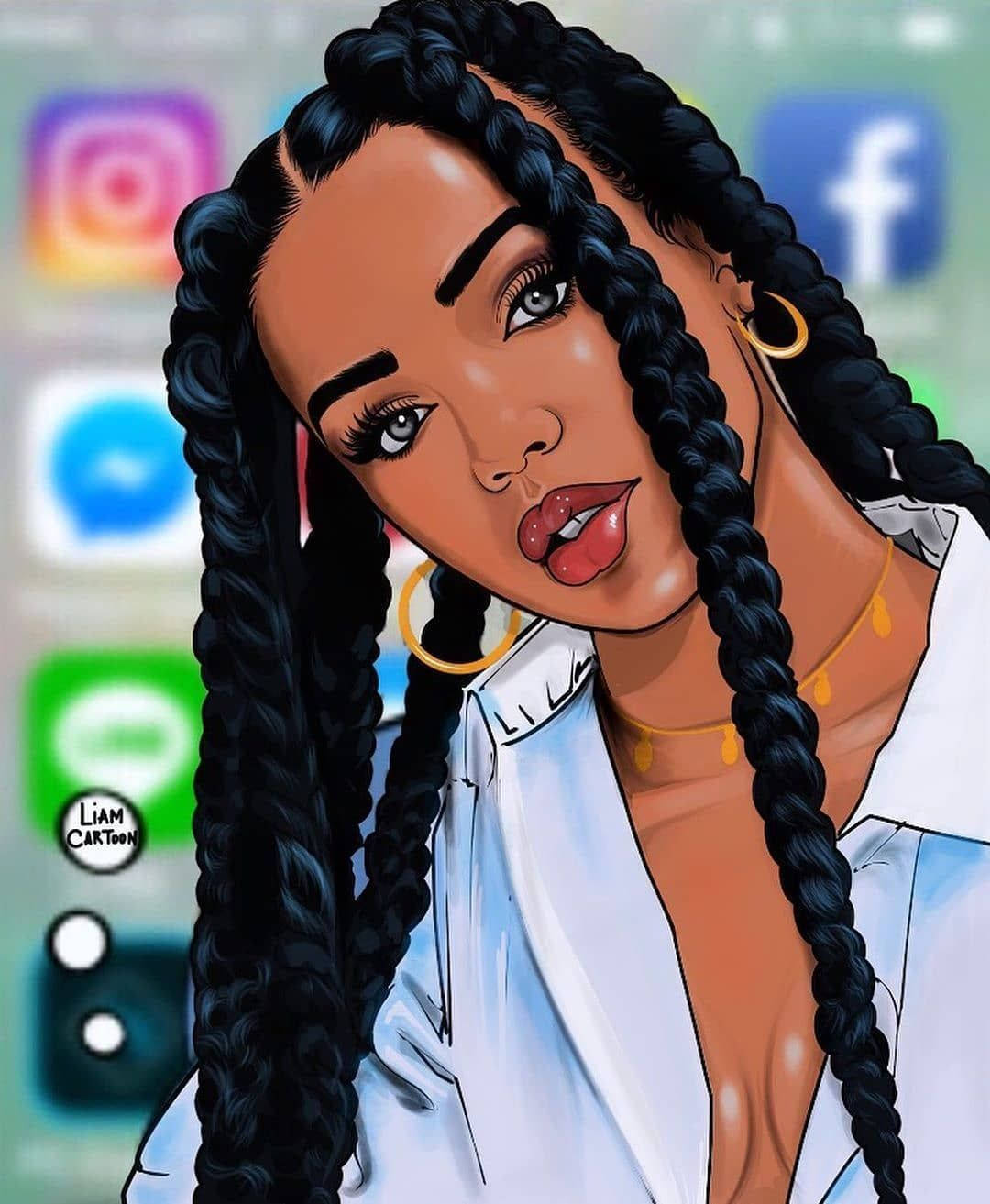 Black Girl Cartoon, long black braids, gold hoop earrings, HD Phone Wallpaper