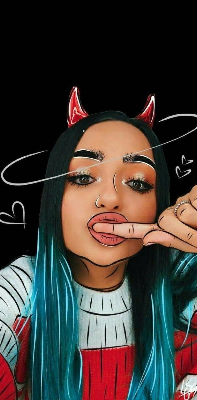 Black Girl Cartoon, blue hair, red devil horns, HD Phone Wallpaper