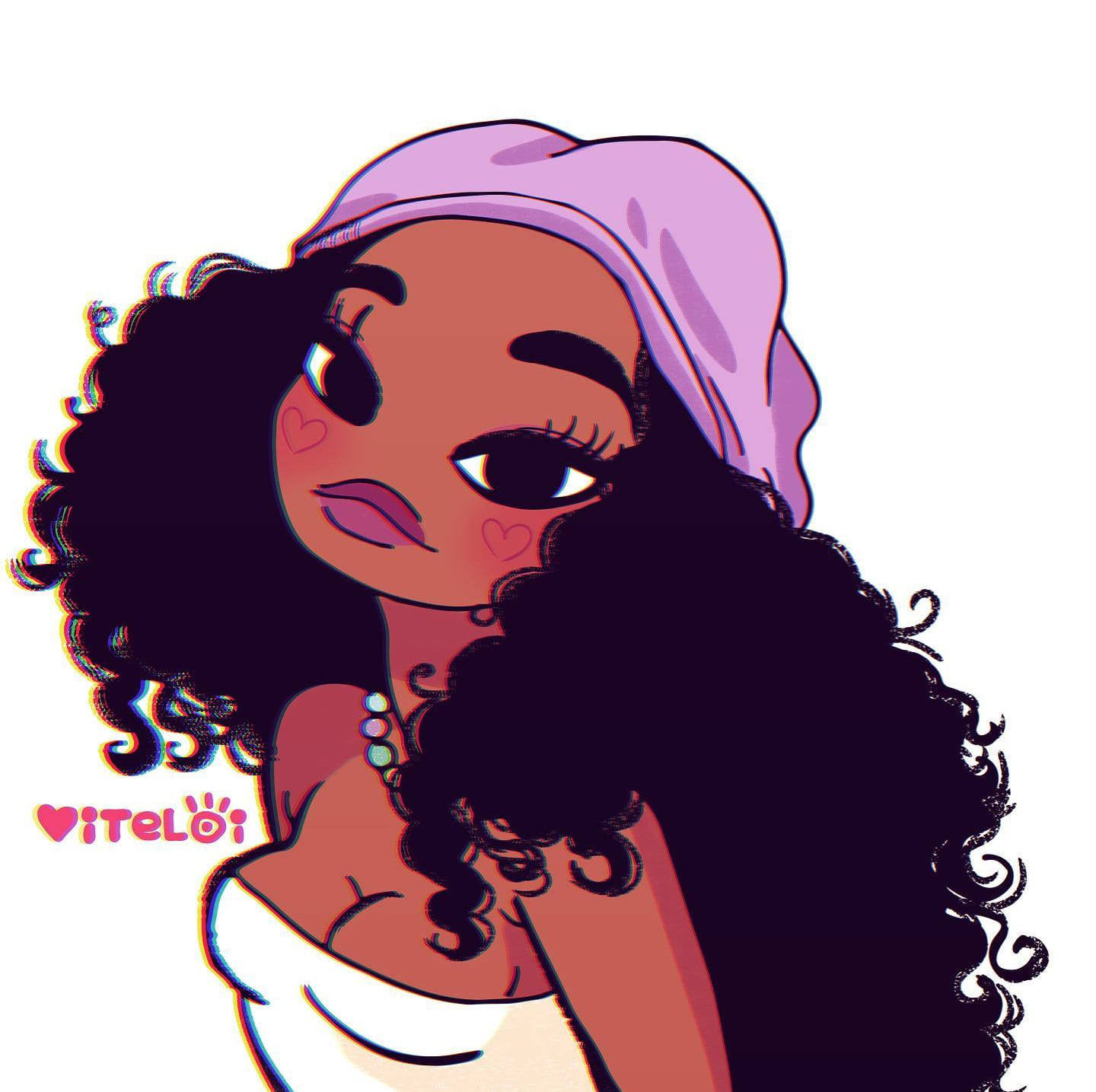 cute black girl cartoon, curly hair, pink headwrap, HD Desktop Wallpaper