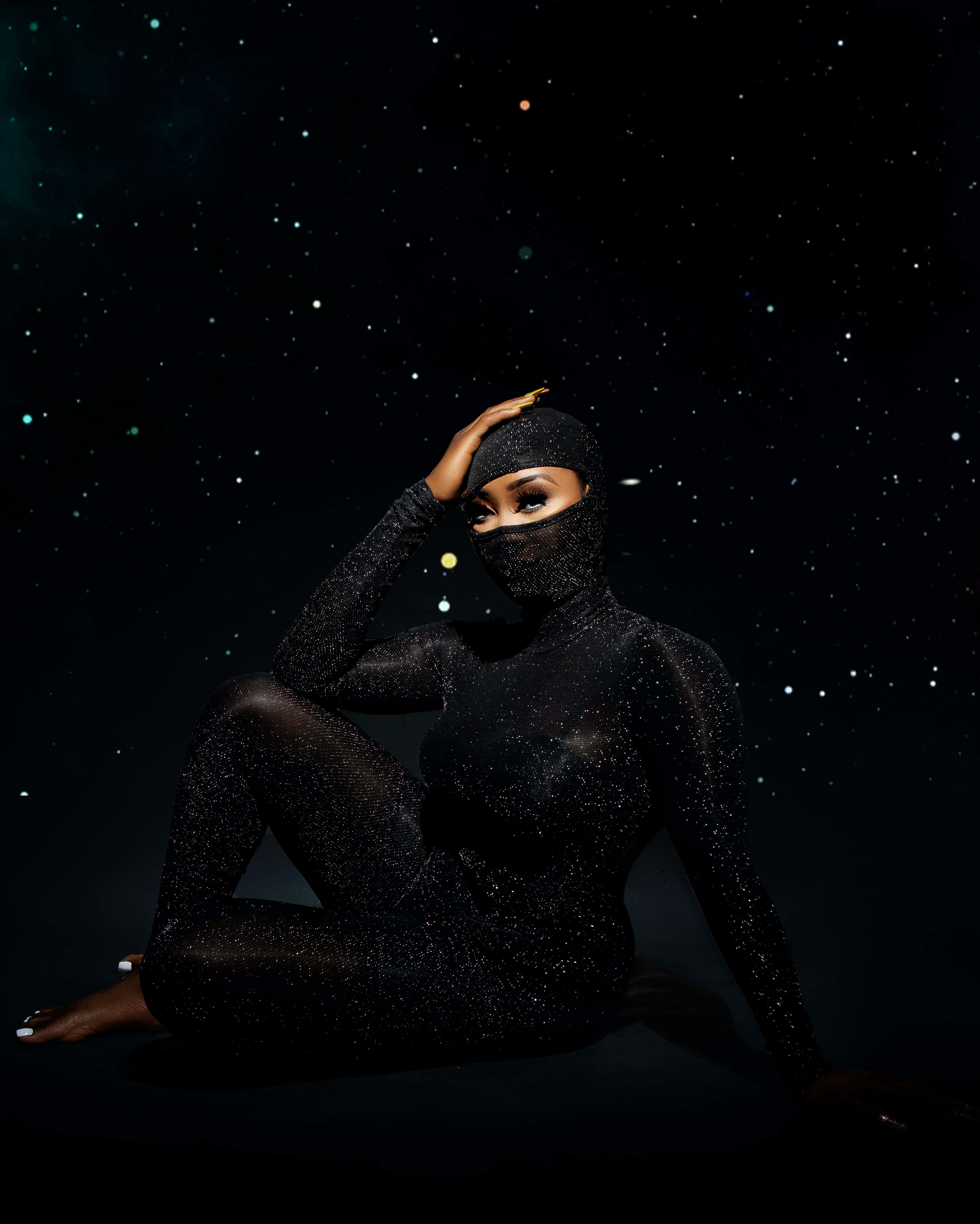 glittering black bodysuit, starry cosmic backdrop, woman, 4K Phone Wallpaper