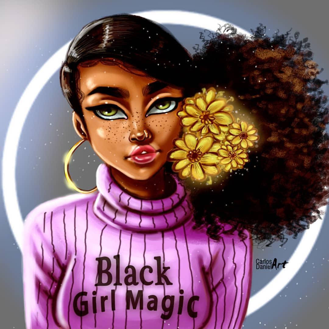 Black Girl Magic sweater, glowing green eyes, golden flowers, SD Desktop Wallpaper