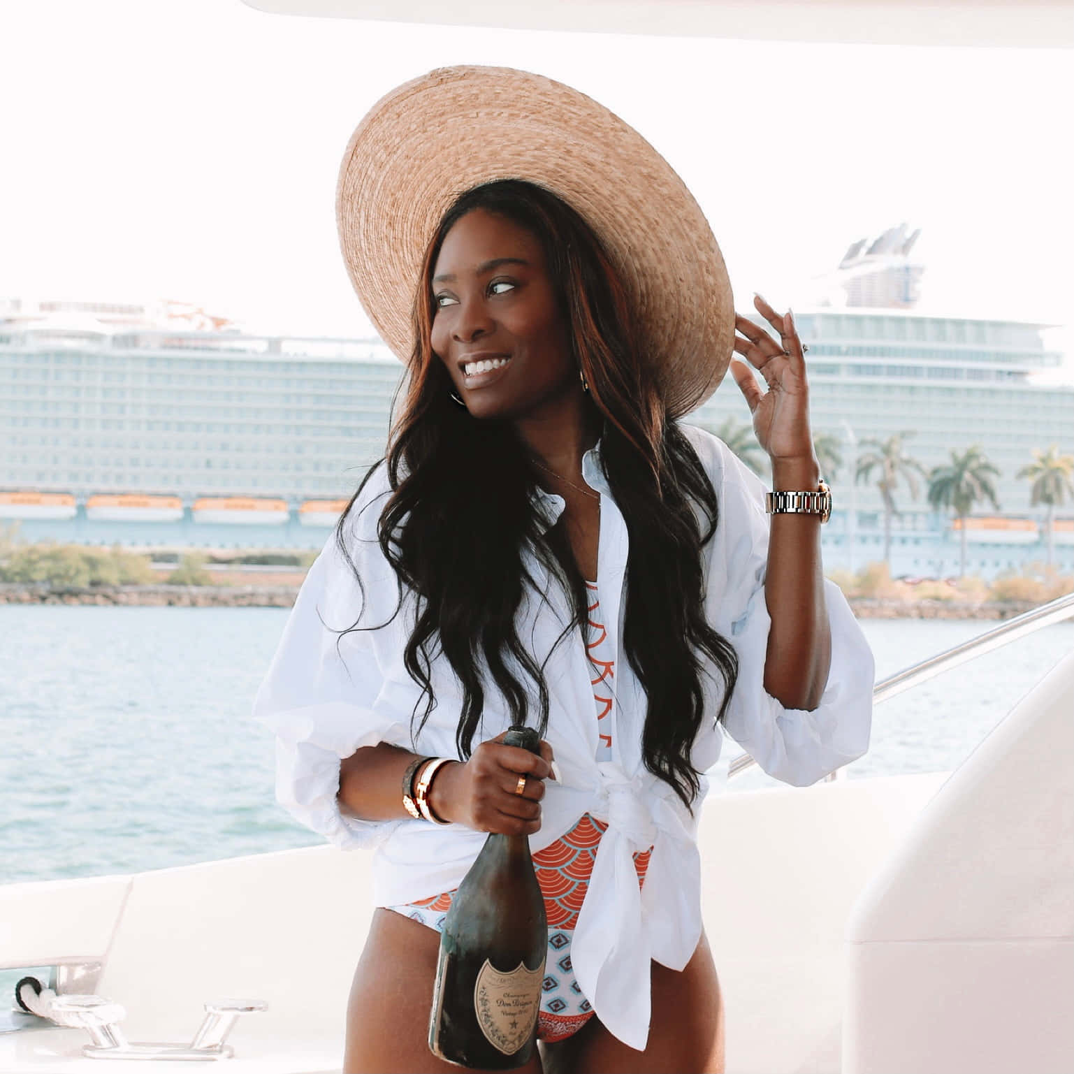 straw hat, white shirt, champagne bottle, HD Desktop Wallpaper