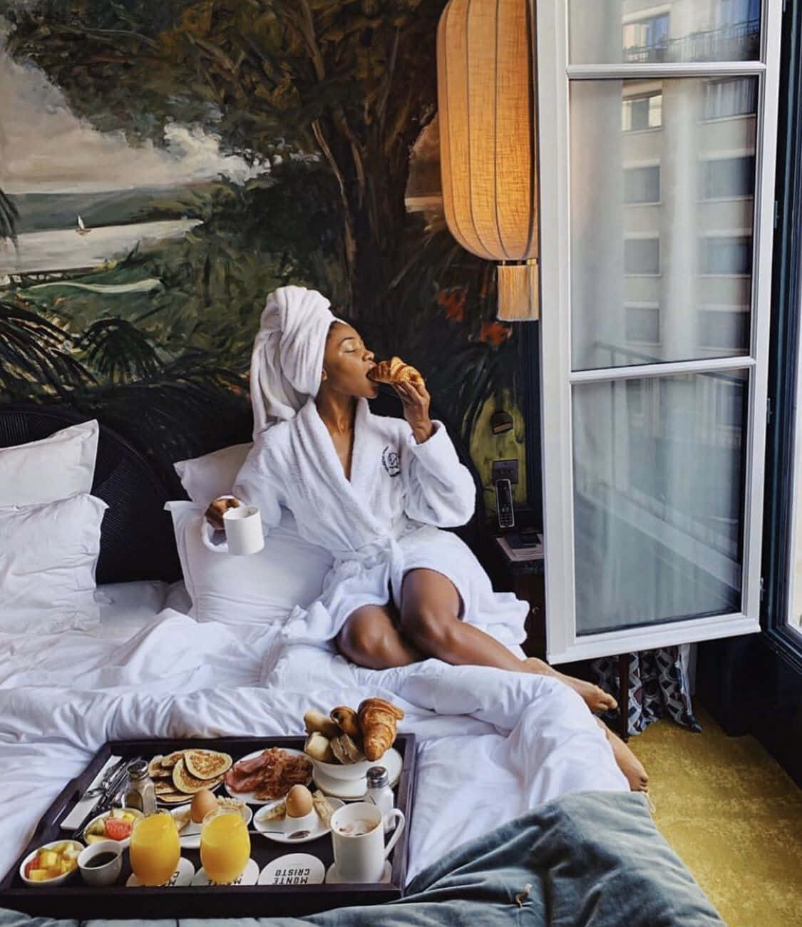 white robe, towel turban, breakfast in bed, HD Phone Wallpaper