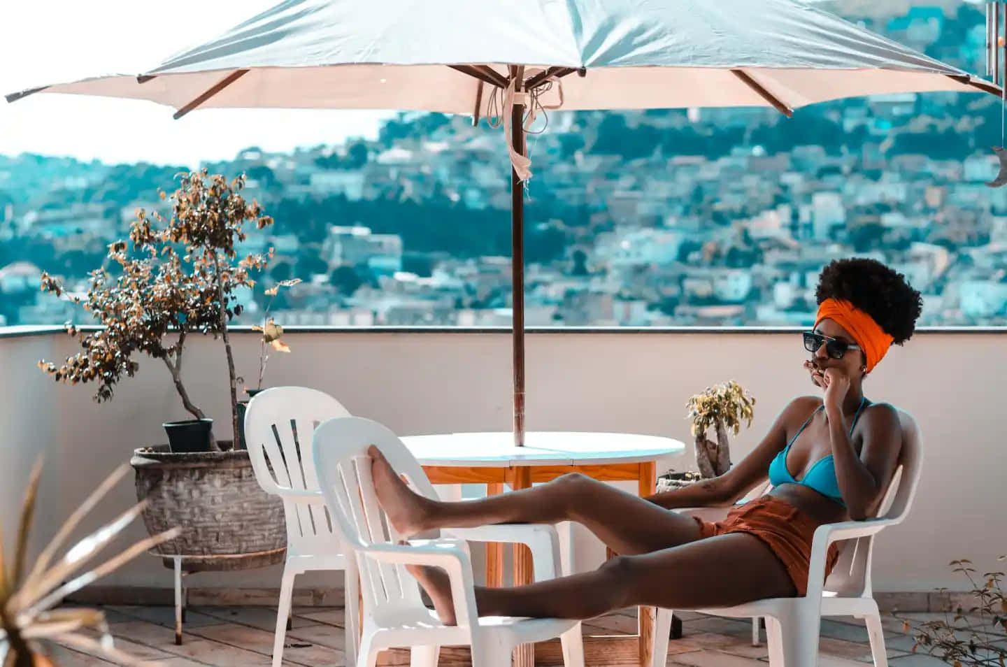 blue bikini, orange headband, white chair, HD Desktop Wallpaper