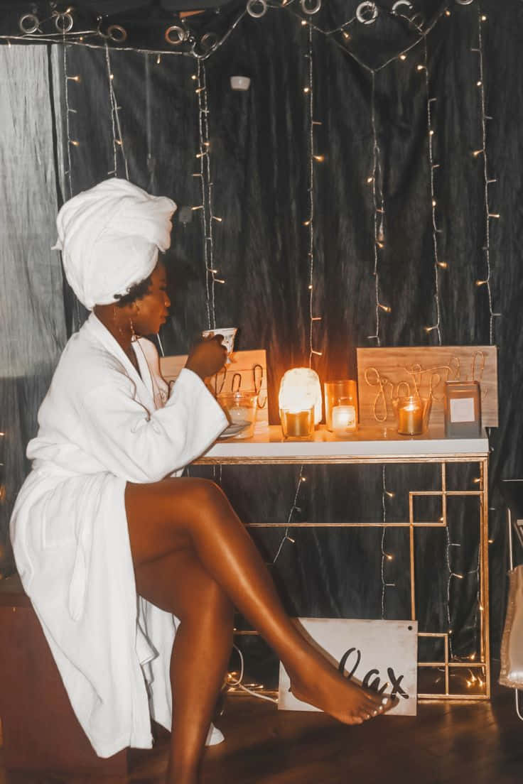 Black Girl Luxury Spa Night, white robe, towel turban, SD Phone Wallpaper