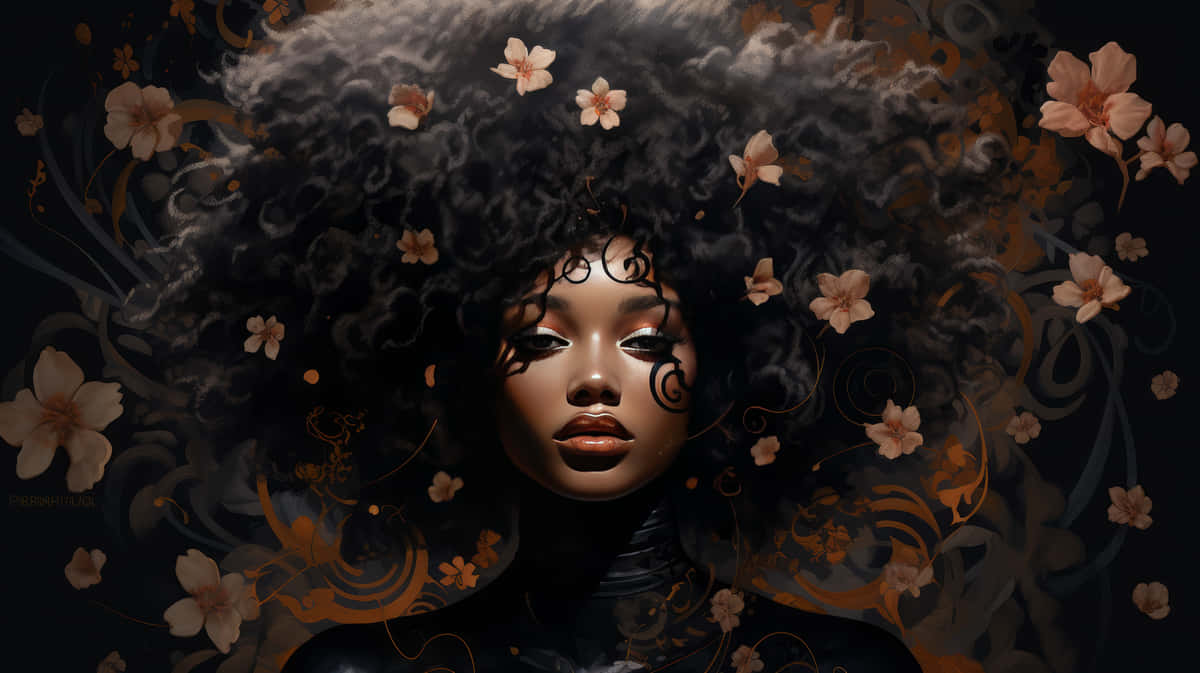 Black Girl Luxury Floral Aesthetic, voluminous dark curls, peach blossoms, SD Desktop Wallpaper