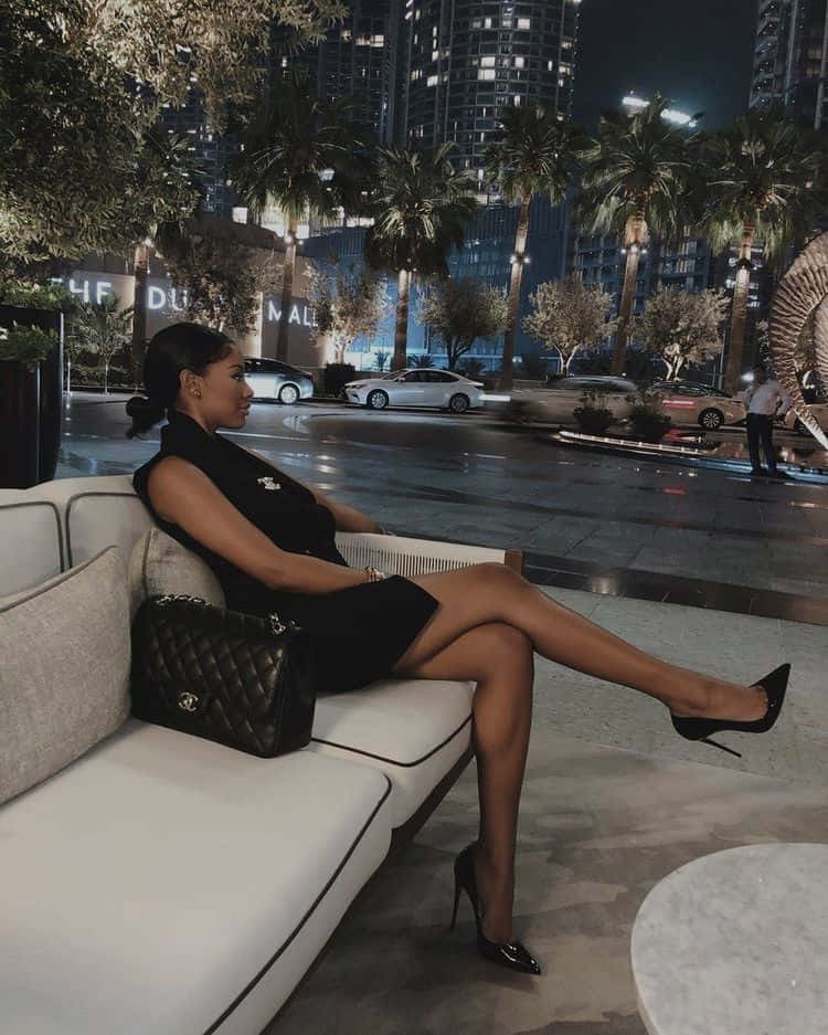 black dress, heels, white couch, SD Phone Wallpaper