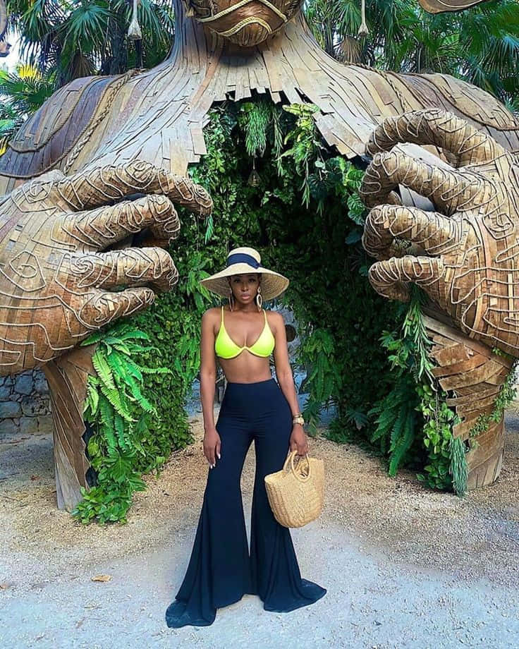 Black Girl Luxury, tropical backdrop, bright yellow bikini top, SD Phone Wallpaper