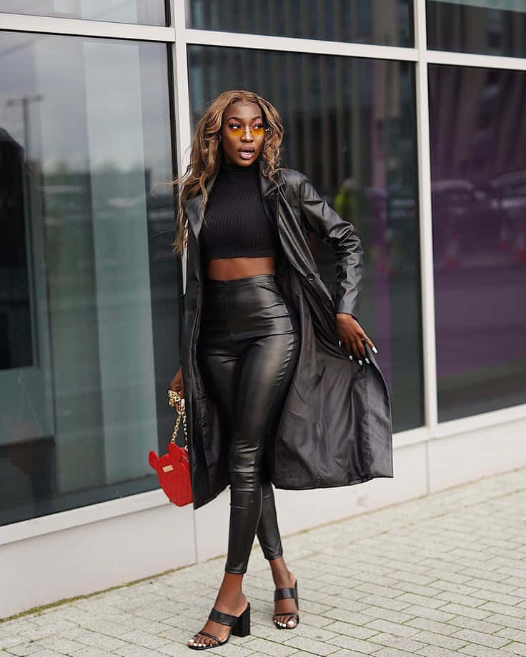 black leather outfit, red handbag, modern glass building, SD Phone Wallpaper