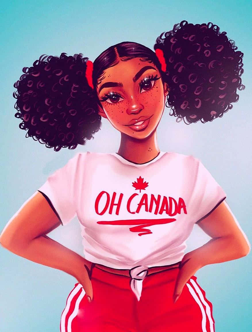 Melanin-Rich Woman, big curly pigtails, white 'OH CANADA' t-shirt, SD Phone Wallpaper